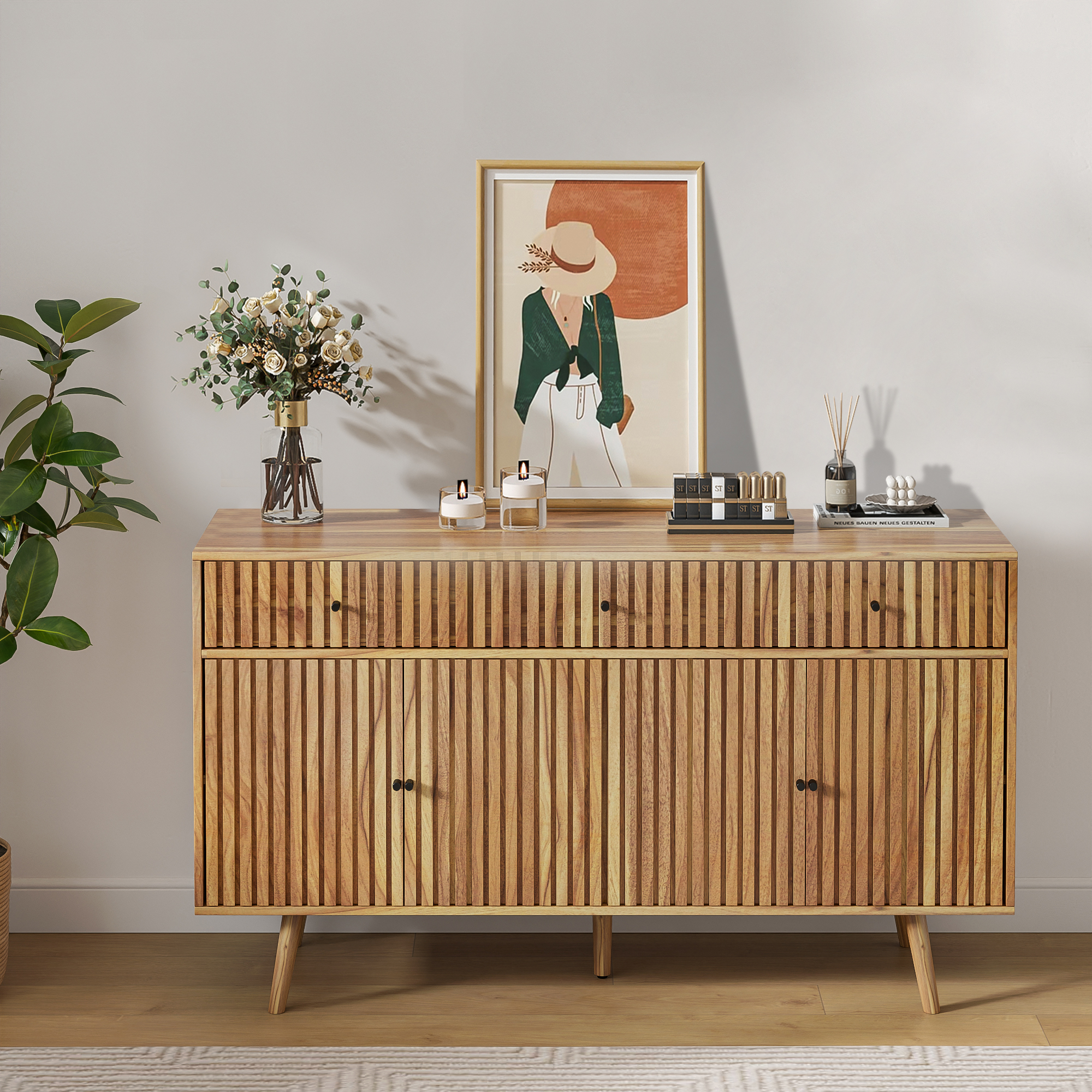thumbnail video image 2 of Kitchen Buffet Sideboard, Farmhouse Coffee Bar with Adjustable Shelves, Storage Cabinet for Living Room, Walnut, 2 of 9