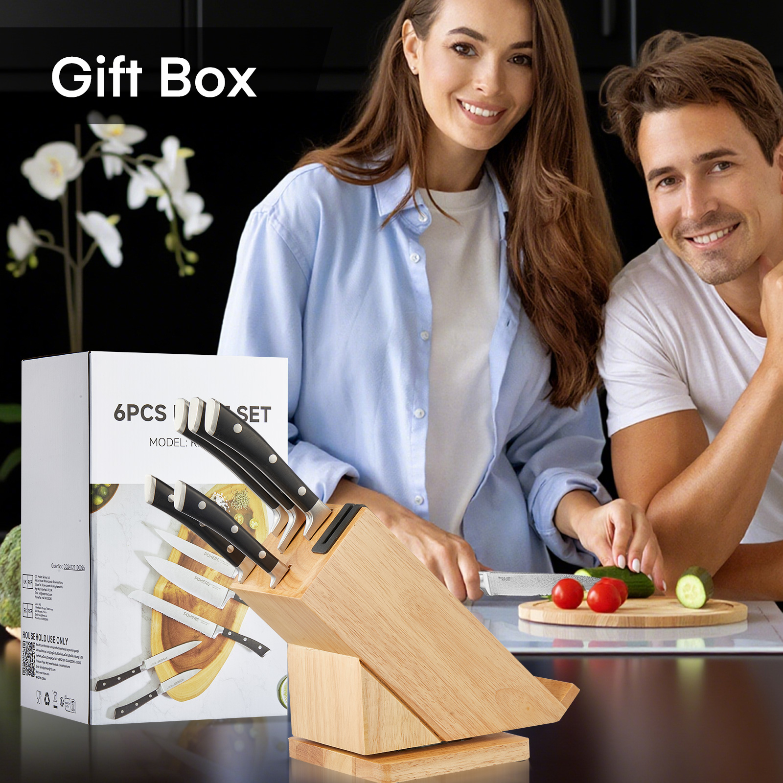 thumbnail video image 2 of FOHERE Knife Set, 360° Rotatable Knife Holder with Phone Stand, 6-Pieces High Carbon Stainless Steel Knife Set, Built-In Sharpener, 2 of 11