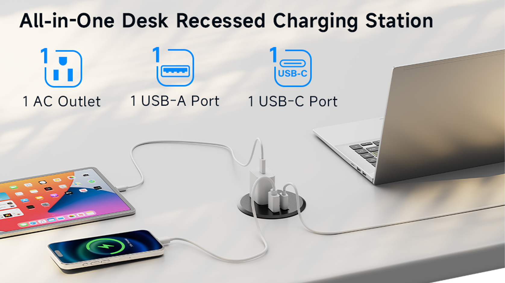 thumbnail video image 2 of ZHANGONG Desk Power Grommet with 20W USB-C Fast Charging, 2.76" Recessed Power outlet for Desk, 1 AC Outlet & 2 USB Ports, 6.5FT Cord, 2 of 8