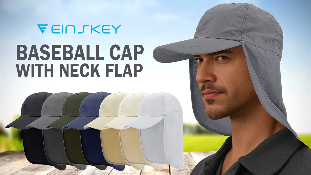 thumbnail video image 2 of EINSKEY Baseball Cap with Neck Flap for Men, Waterproof Packable Sun Hat with Neck Cover (Black), 2 of 7