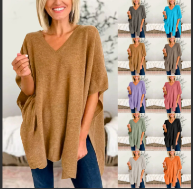 thumbnail video image 2 of DondPO Sweaters for Women Long Sleeve Shirts Women's Solid Color Pullover V Neck Sweater Stripe Knit Fashion Poncho Cape V Neck Loose Sweater Sweater Womens Tops Cute Tops Purple S, 2 of 6
