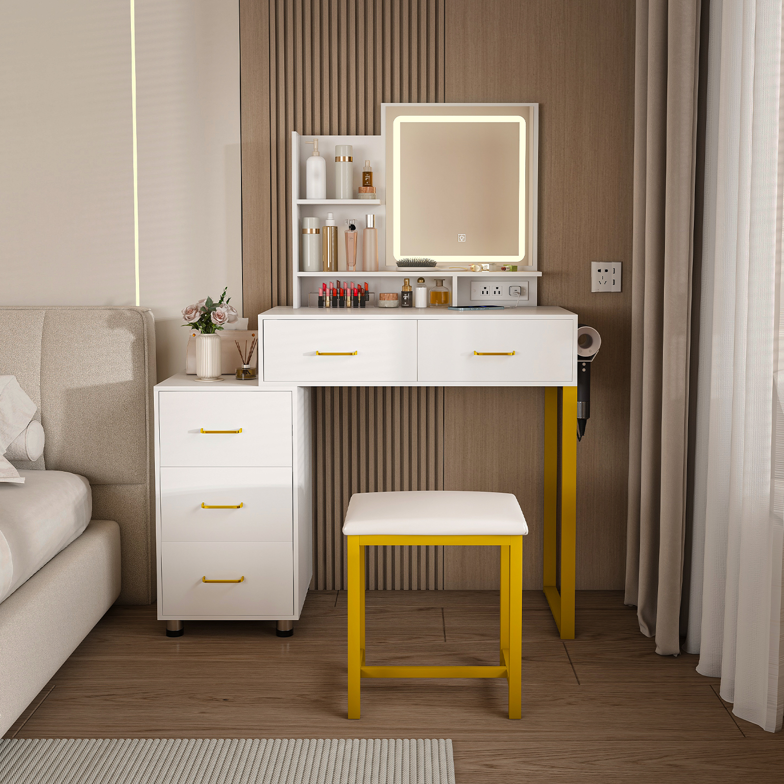 thumbnail video image 2 of Montary White LED Vanity w/ Power Outlet & 3 Lights: 5-Drawer Makeup Desk w/ Sturdy Metal Legs & Stool, 2 of 10