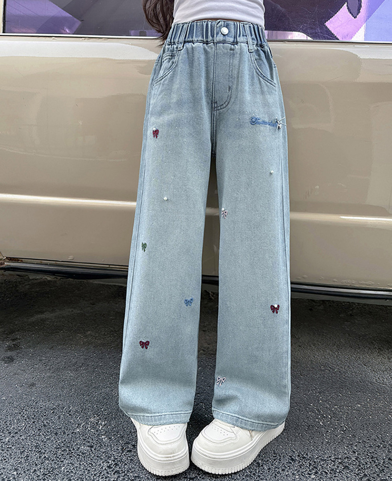 thumbnail video image 2 of WMQPNNS Girls Denim Pants Wide Leg Jeans with Pockets, Girls Wide Leg Pants Size 14 Elastic Waist Cute Heart Print Baggy Denim Pants Girls Clothing(Size 7-8 Years, Sky Blue-3), 2 of 10