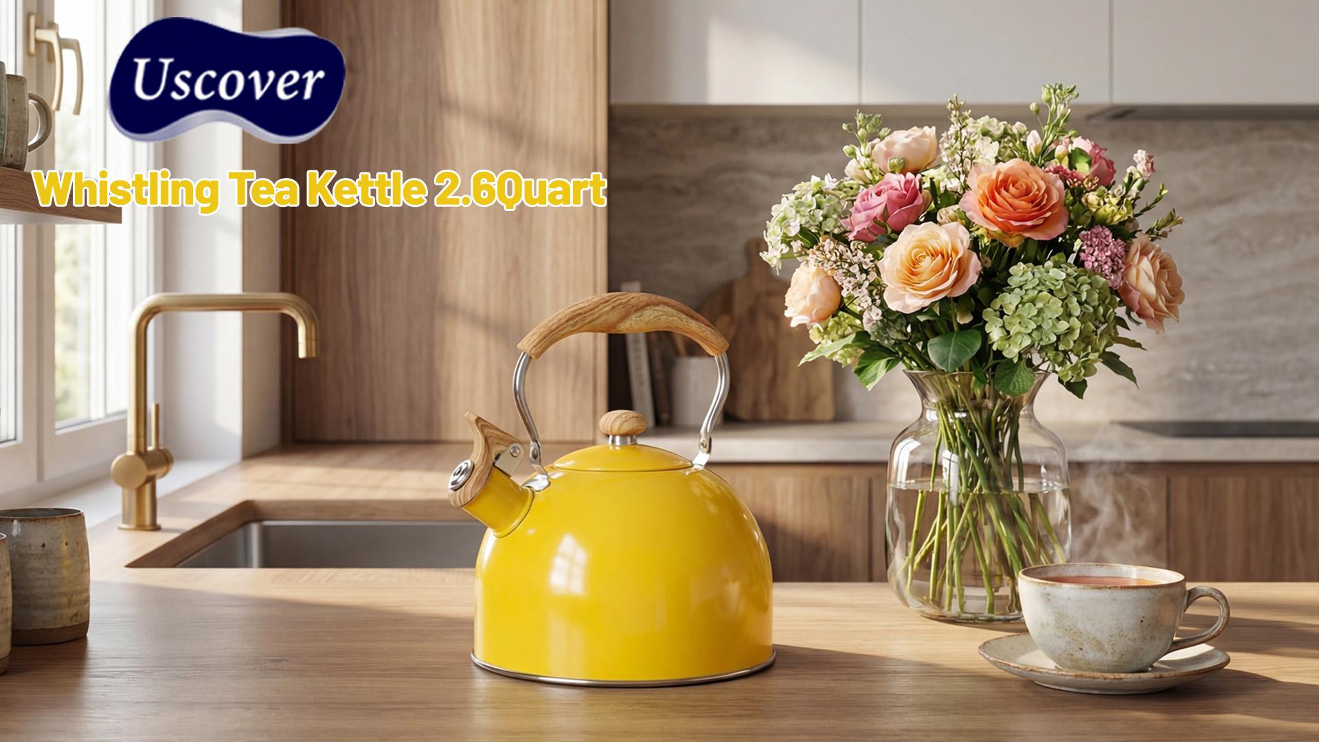 thumbnail video image 2 of Uscover Stovetop Tea Kettle with Wood Pattern Cool Touch Folding Handle,Induction Modern Kettle Teapot Whistling Lid Opening Gas Electric Applicable, 2 of 13