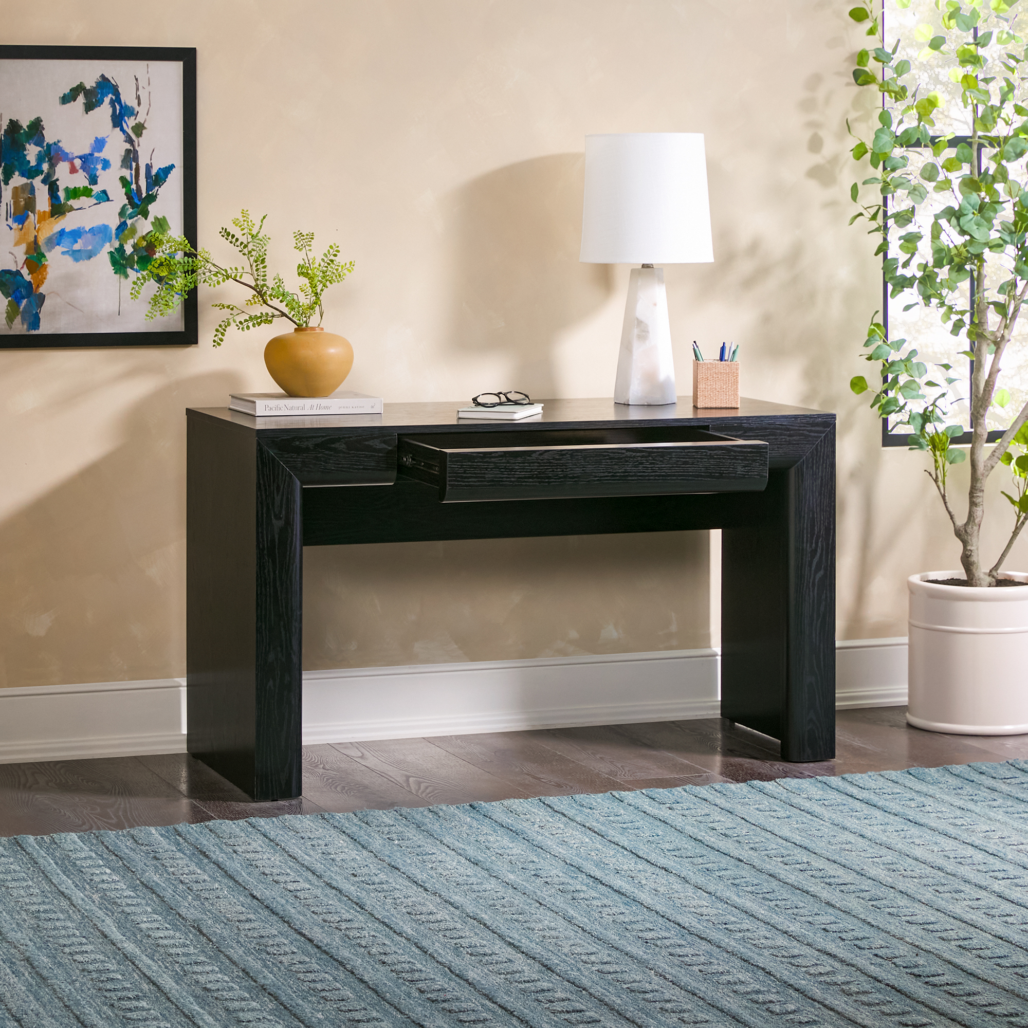 thumbnail video image 2 of Walker Edison Modern Waterfall 1-Drawer Writing Desk, Light Ash, 2 of 12
