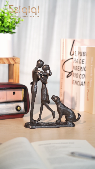 thumbnail video image 2 of Sziqiqi Handmade Iron Couple & Dog Statue: Timeless Black Metal Art Piece for Bookshelf Mantel, Romantic Gift for Her 7.2”, 2 of 8
