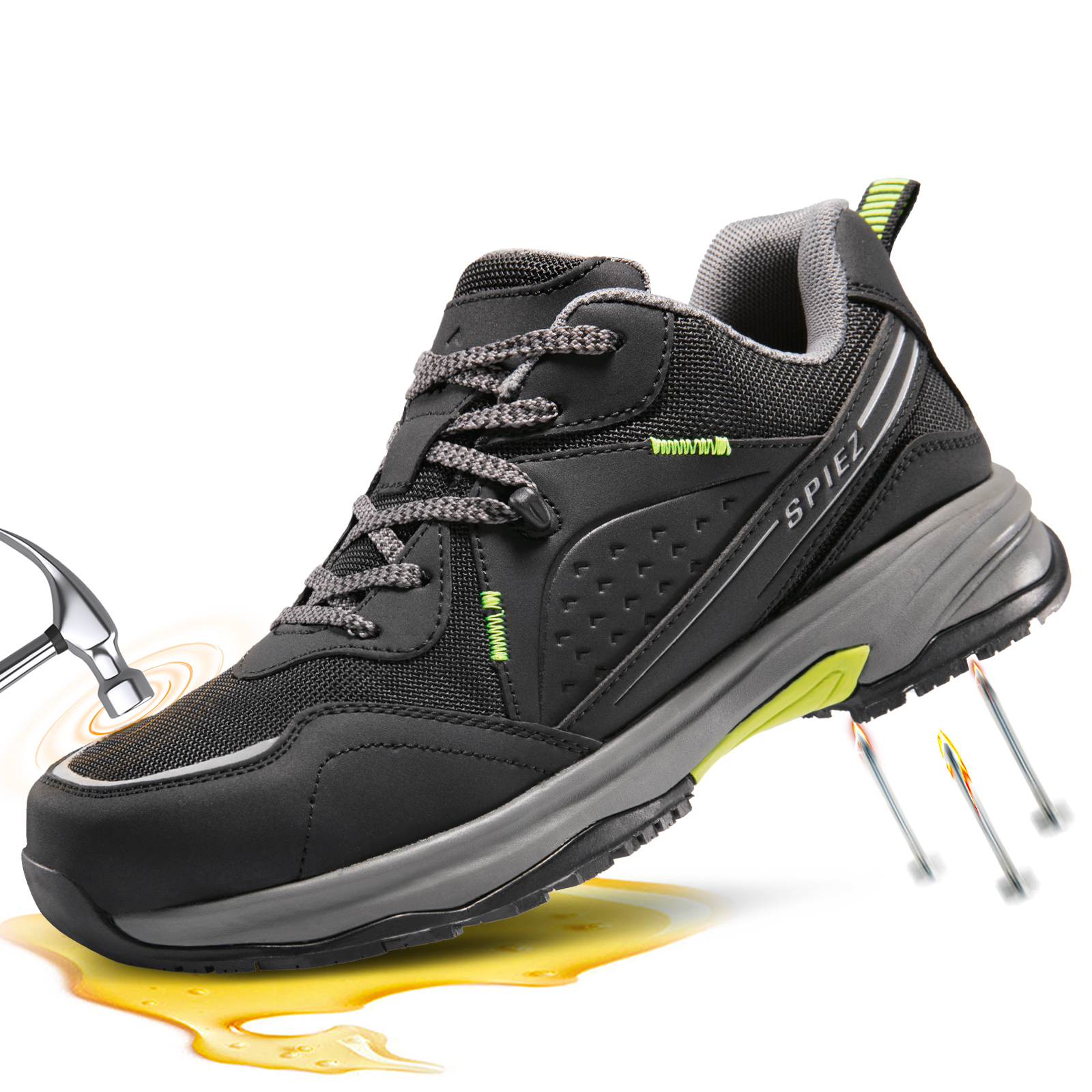 thumbnail video image 2 of SPIEZ® Composite Toe Safety Shoes for Men, Oil-Resistant Lightweight Work Shoes, Durable Non Slip Sneakers for Hiking, Construction, Outdoor & Warehouse Use, Balck Green, Size 10, 2 of 10