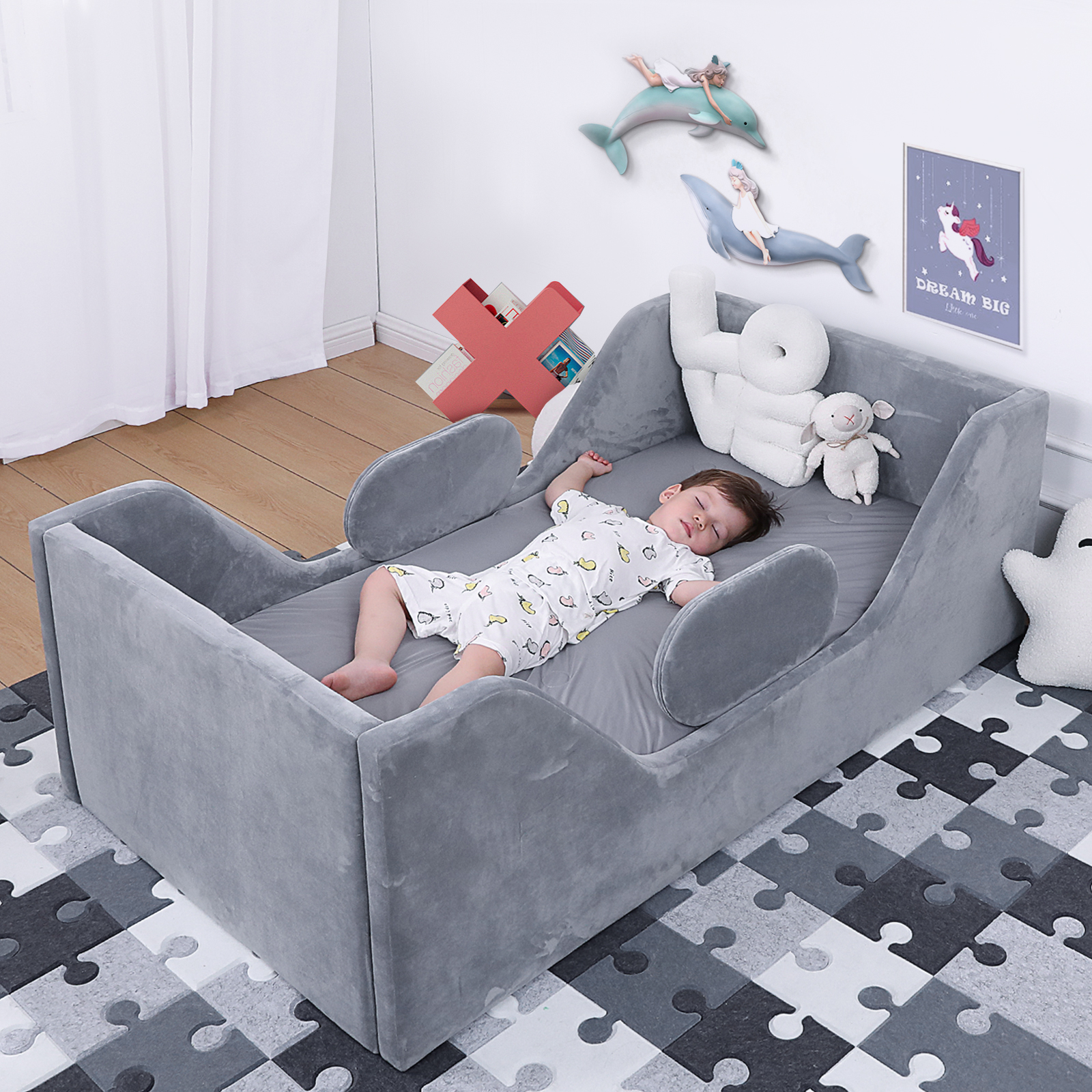 thumbnail video image 2 of Weeonekids Toddler Bed Round, Toddler Bed with Rail and Round headboard, Standard Crib Size Toddler Upholstered Bed for Children 18 Months to 6 Years,Toddler Floor Bed (No Mattress), 2 of 7