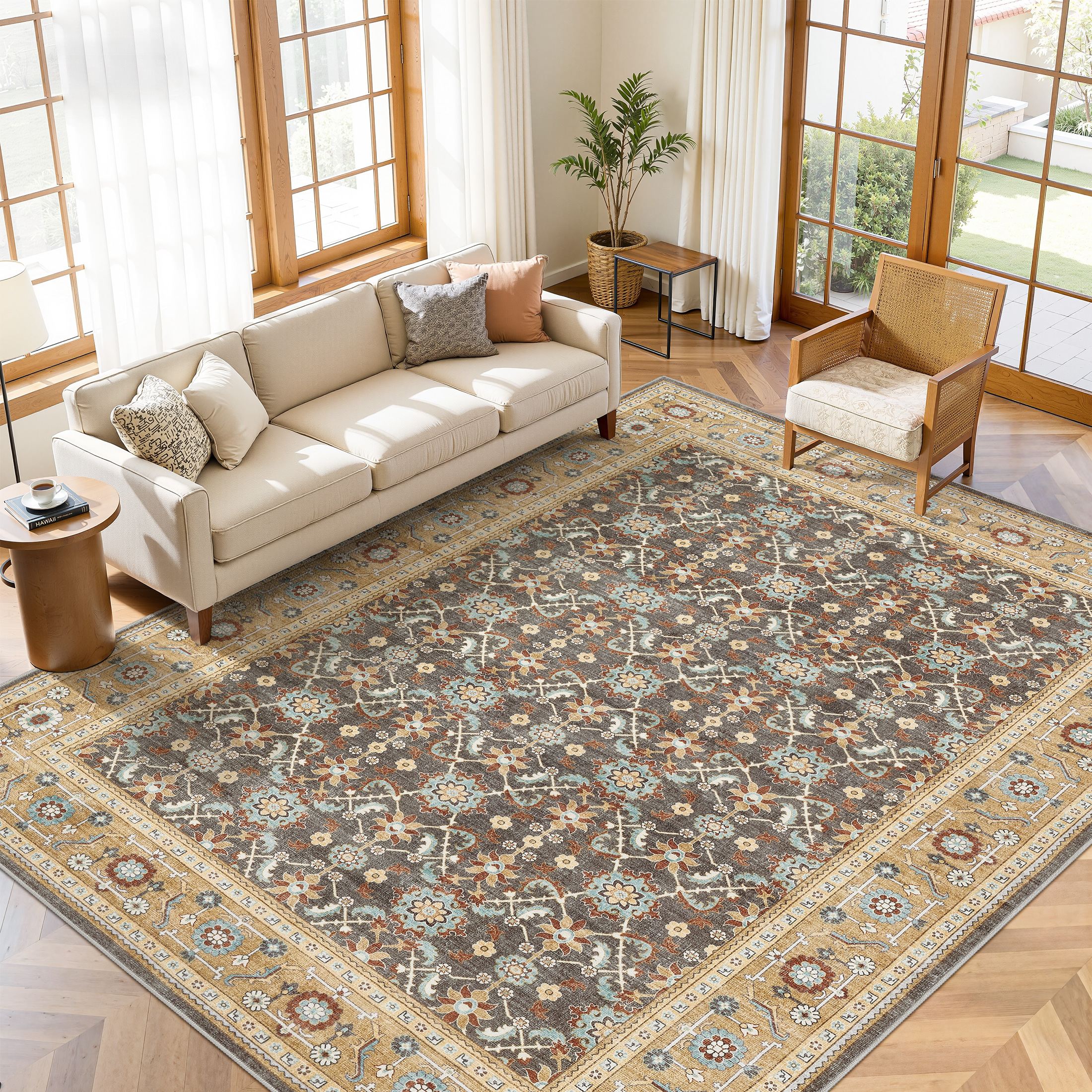 thumbnail video image 2 of UERMEI 6'x9' Washable Area Rugs for Living Room,Vacuum Friendly, Non-Silp Low-Pile Rug for Bedroom, Boho Home Decor Carpets, Brown, 2 of 12