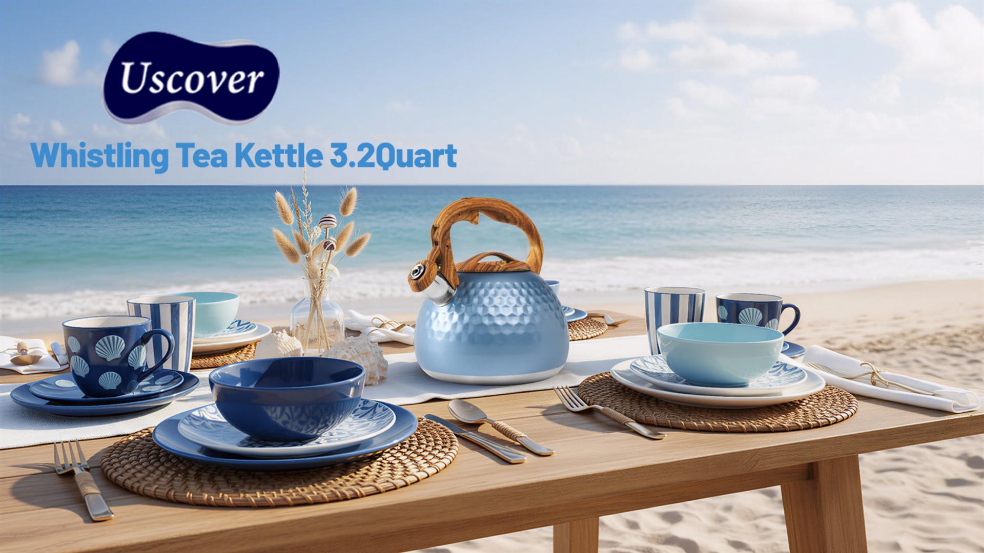 thumbnail video image 2 of Uscover 3.2 Qt Blue Stainless Steel Stovetop Tea Kettle with Ergonomic Handle, Gas and Electric Compatible, 2 of 13