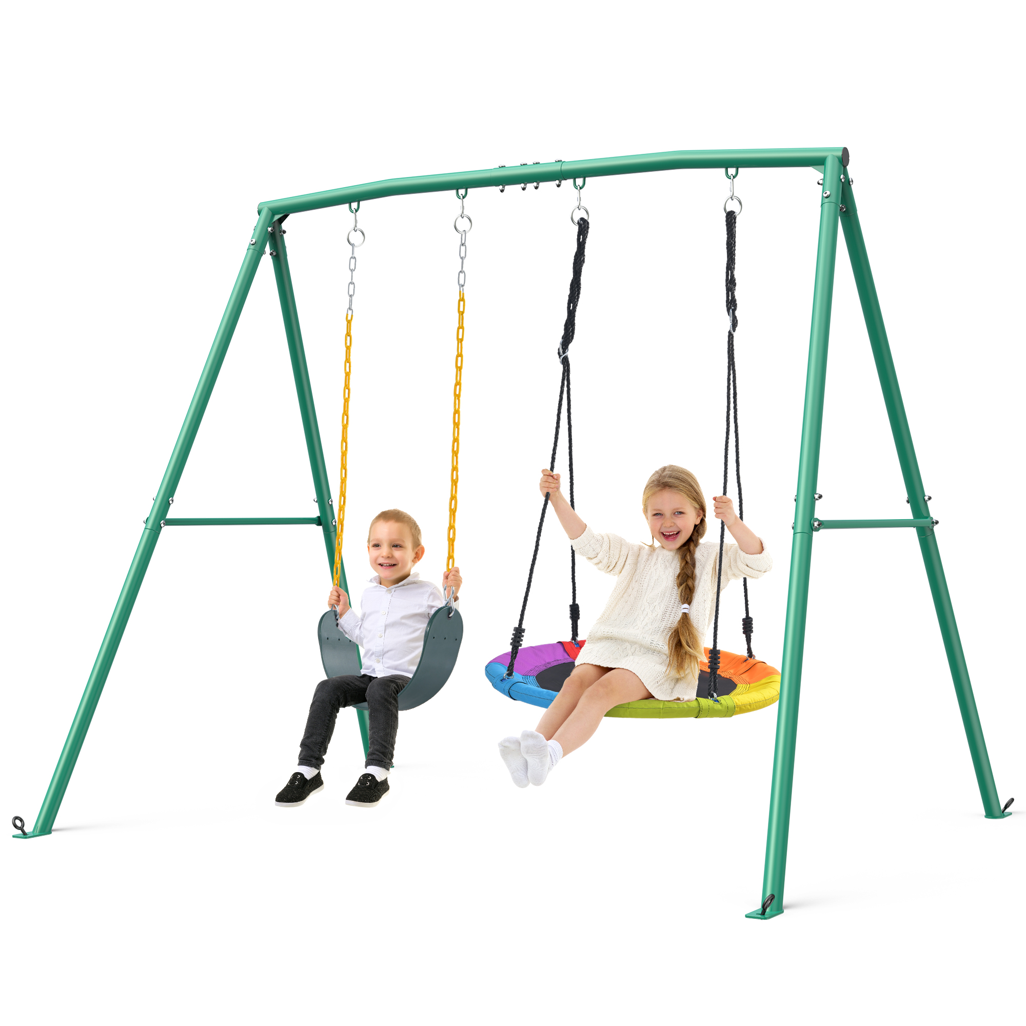 thumbnail video image 2 of Klokick Swing Set with 1 Saucer and 1 Belt Swing Seat, 440lbs Swing Set for Kids with Heavy Duty A-Frame Metal Swing Stand for Backyard and Playground, 2 of 9