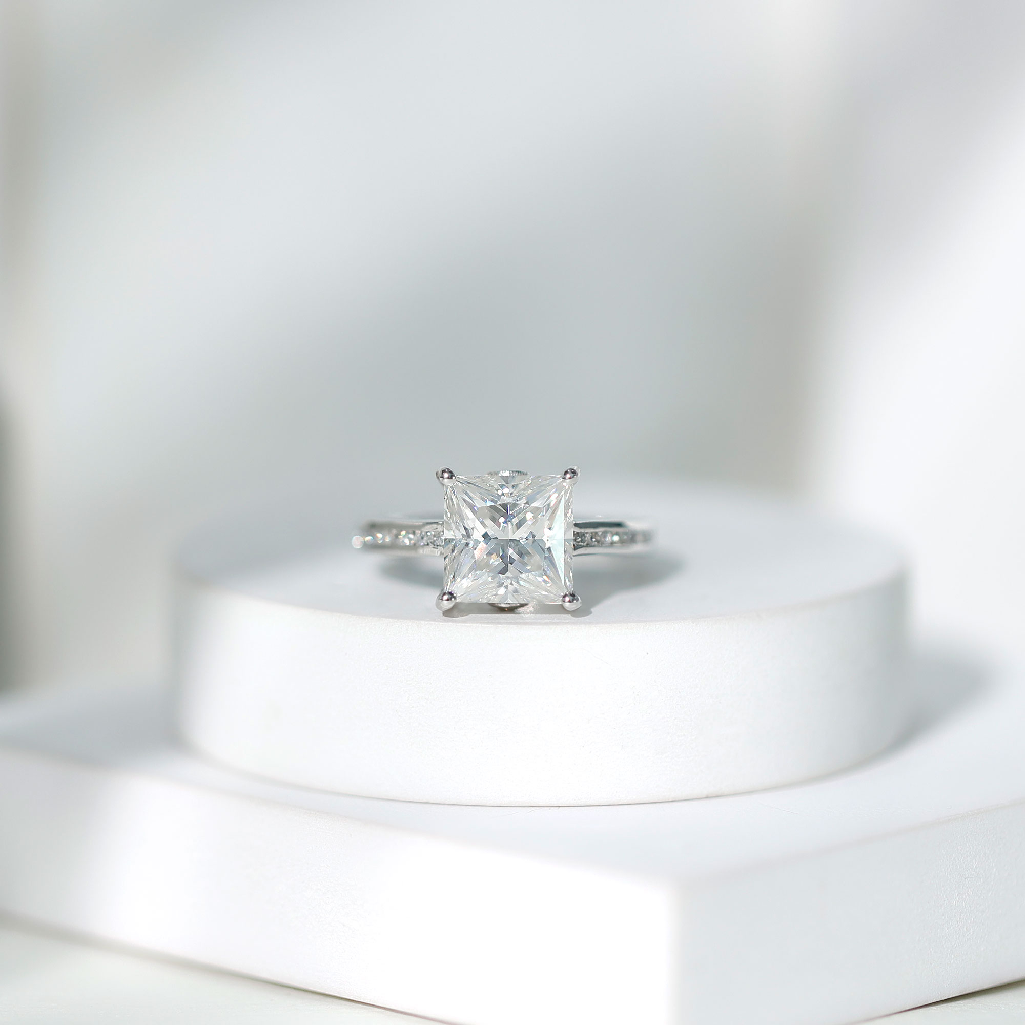 thumbnail video image 2 of Rosec Jewels Princess Cut Moissanite Solitaire Engagement Ring - 8 mm - 3 ct - D-VS1 Certified, 14K White Gold, US 3.00, 2 of 9