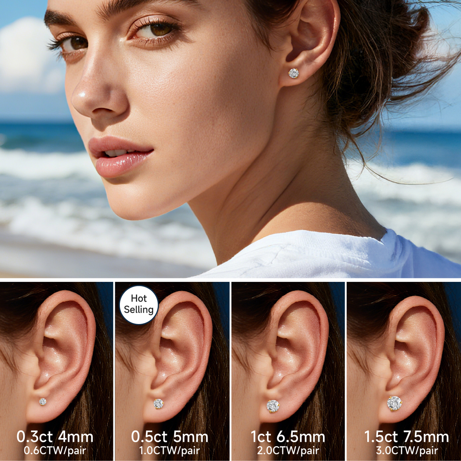 thumbnail video image 2 of MomentWish 1 Carat Brilliant Cut Simulated Diamond Earrings 14K Gold Plated Moissanite Studs Jewelry for Women Men, 2 of 10