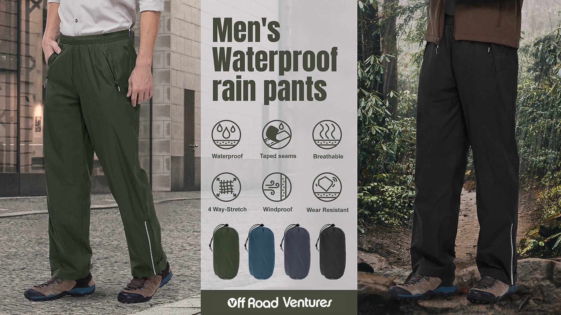 thumbnail video image 2 of Off Road Ventures Mens Rain Pants Waterproof Windbreaker Lightweight Hiking Pants for Golf Travel, 2 of 8