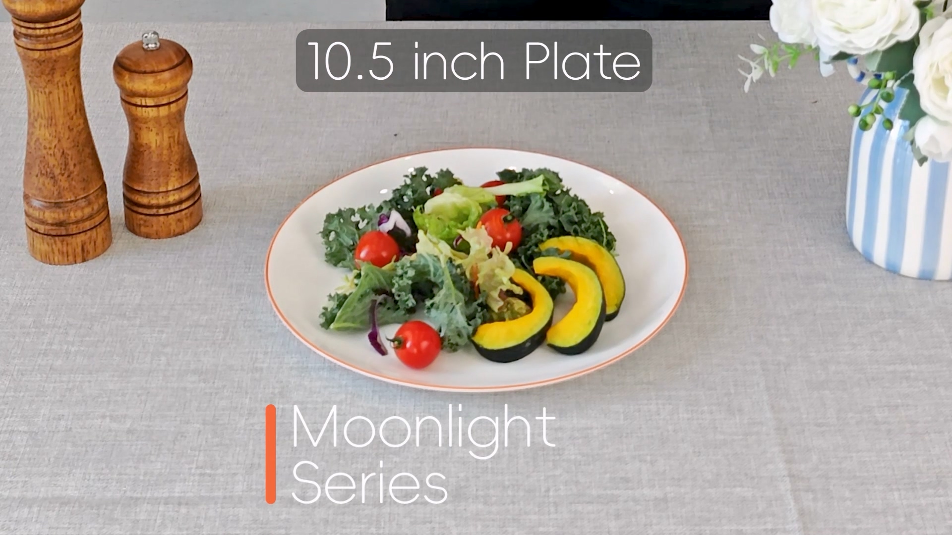 thumbnail video image 2 of LaGlint 10.5 inch Dinner Plate Set of 6, Lightweight Round Opal Glass Dinnerware Plates, Dishwasher and Microwave Safe, Hand Painted Orange Rim, 2 of 2