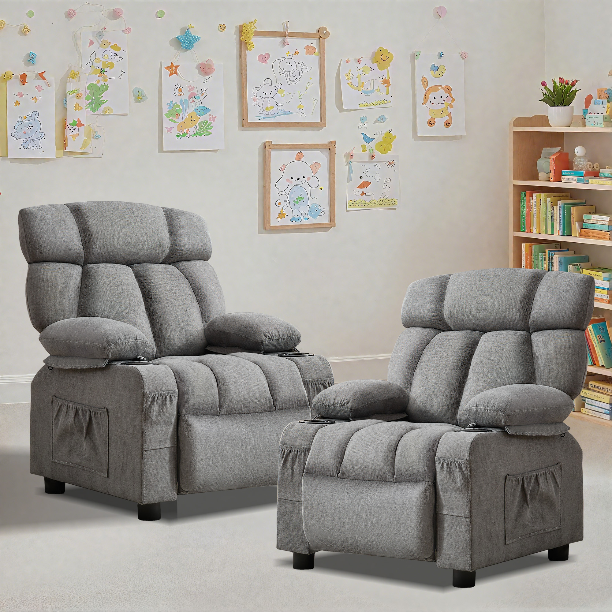 thumbnail video image 2 of JONPONY Kids Recliner Chair,Push Back Toddler Recliner with Cup Holders & Side Pockets,Adjustable Footrest & Headrest Kids Sofa for Boys Girls 3+ Age Group, Grey, 2 of 9