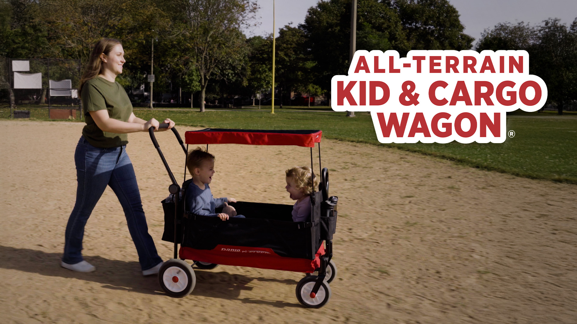 thumbnail video image 2 of Radio Flyer All-Terrain Kid & Cargo Push Folding Wagon, Air Tires, 2 of 18