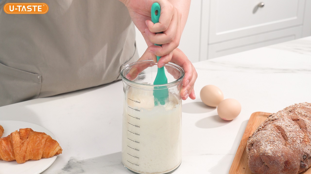 thumbnail video image 2 of U-Taste Silicone Jar Spatula: 600ºF Heat-Resistant Food-Grade Sourdough Stirring Stick, 10in Seamless Flexible Peanut Butter Spreader (Aqua Sky), 2 of 10