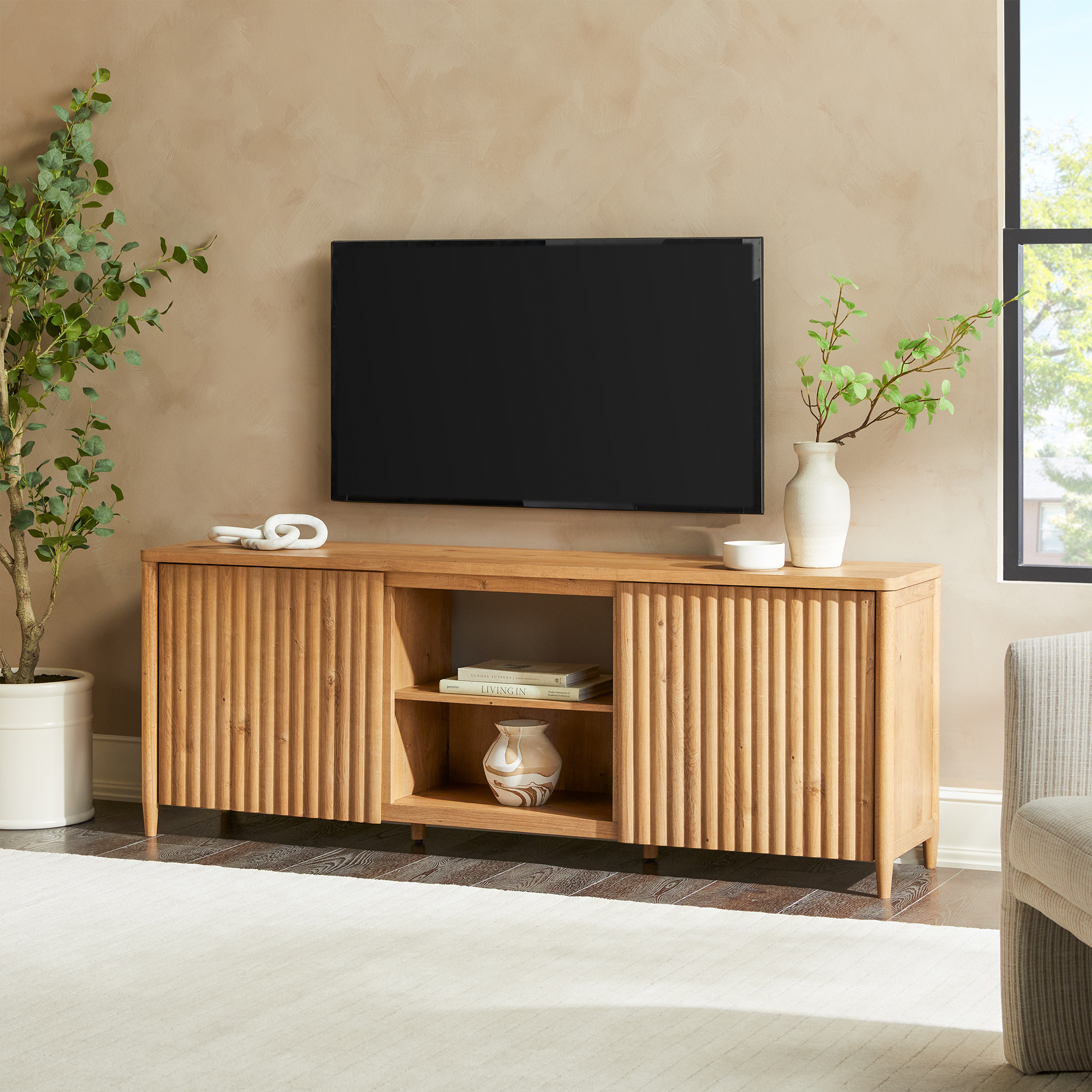thumbnail video image 2 of Scandinavian Reeded TV Stand with Open Storage for up to 80" TV Coastal Oak, 2 of 17