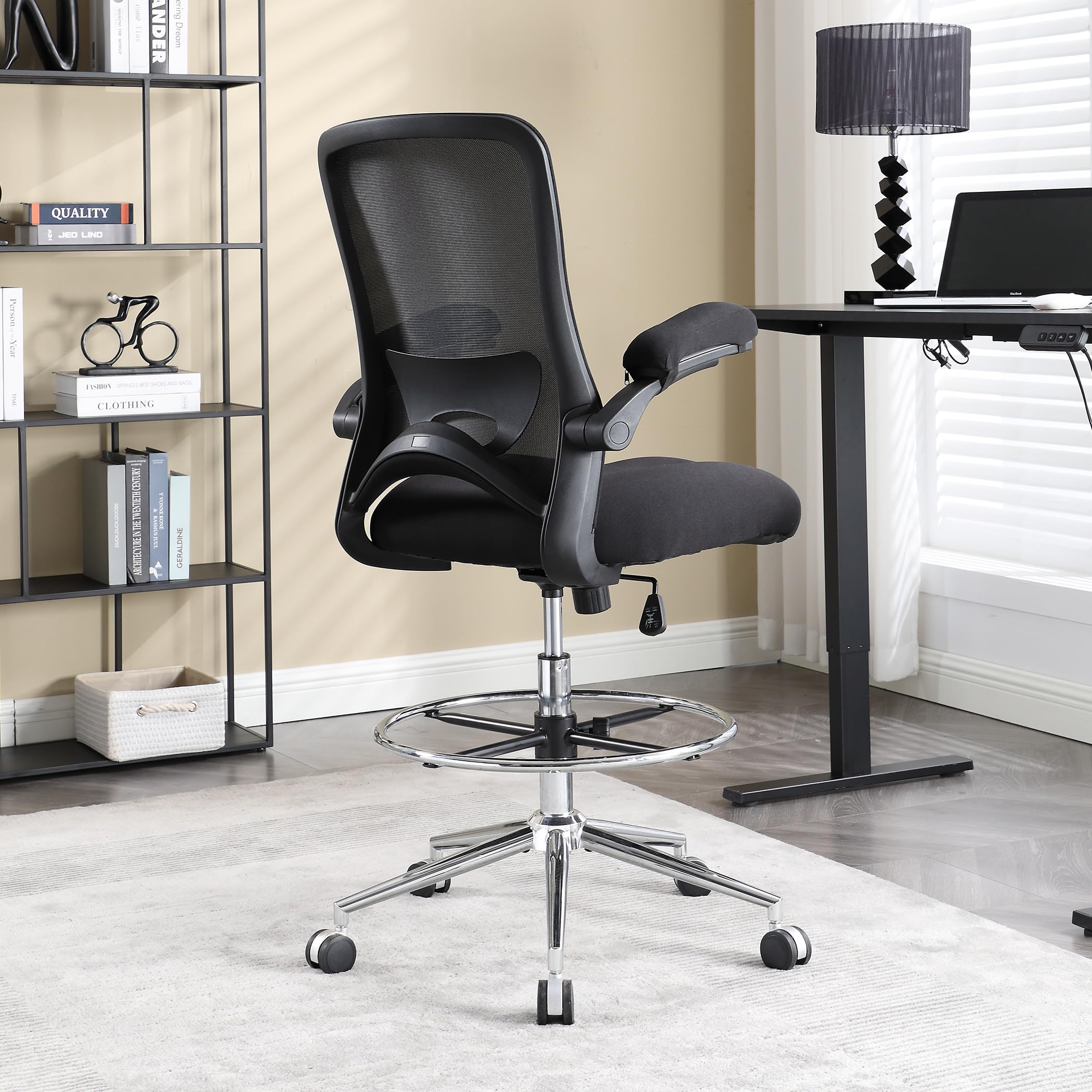 thumbnail video image 2 of JONPONY 500lbs Tall Drafting Chair for Standing Desk with Flip-up Armrests, Pressure Locking Casters, W-Shape Thicken Cushion, Breathable Mesh Extended Height Office Chairs,Brown, 2 of 11