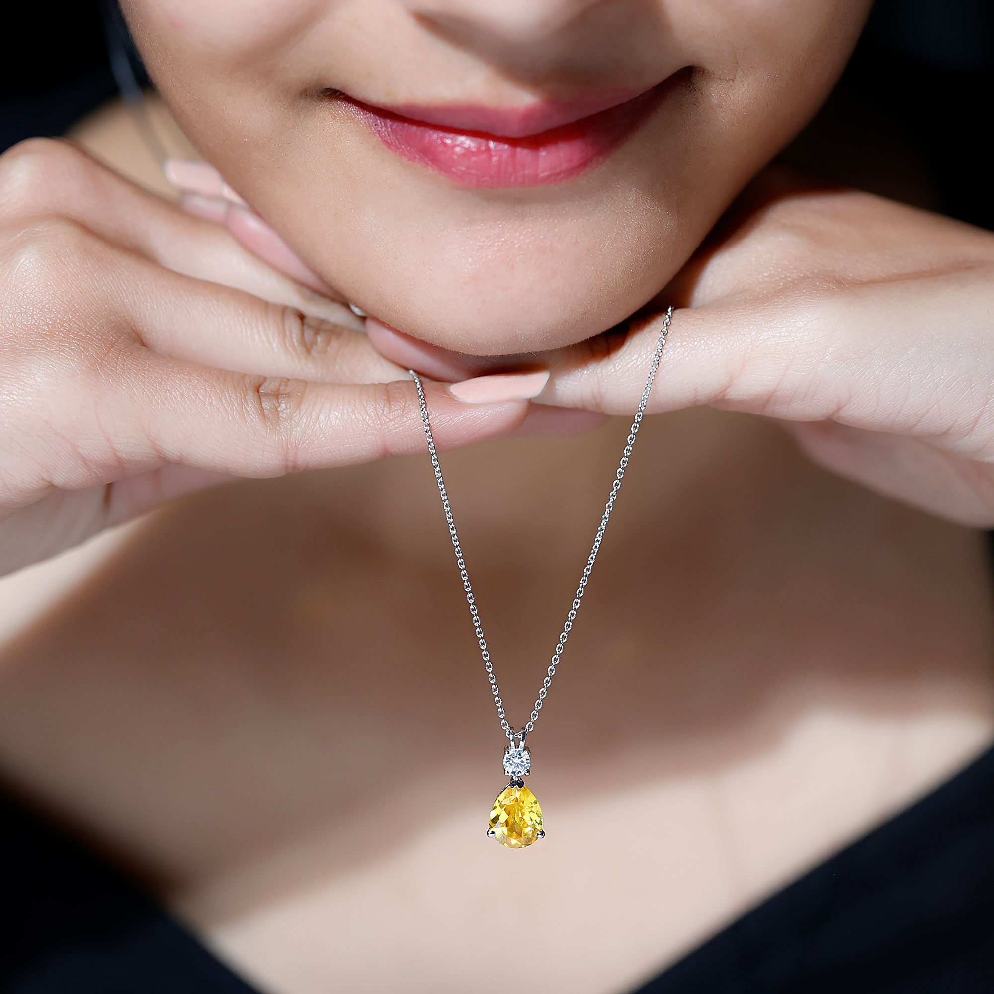 thumbnail video image 2 of Rosec Jewels Lab Created Yellow Sapphire Drop Pendant Necklace with Moissanite (8X10 mm), 10K Yellow Gold, 2 of 8