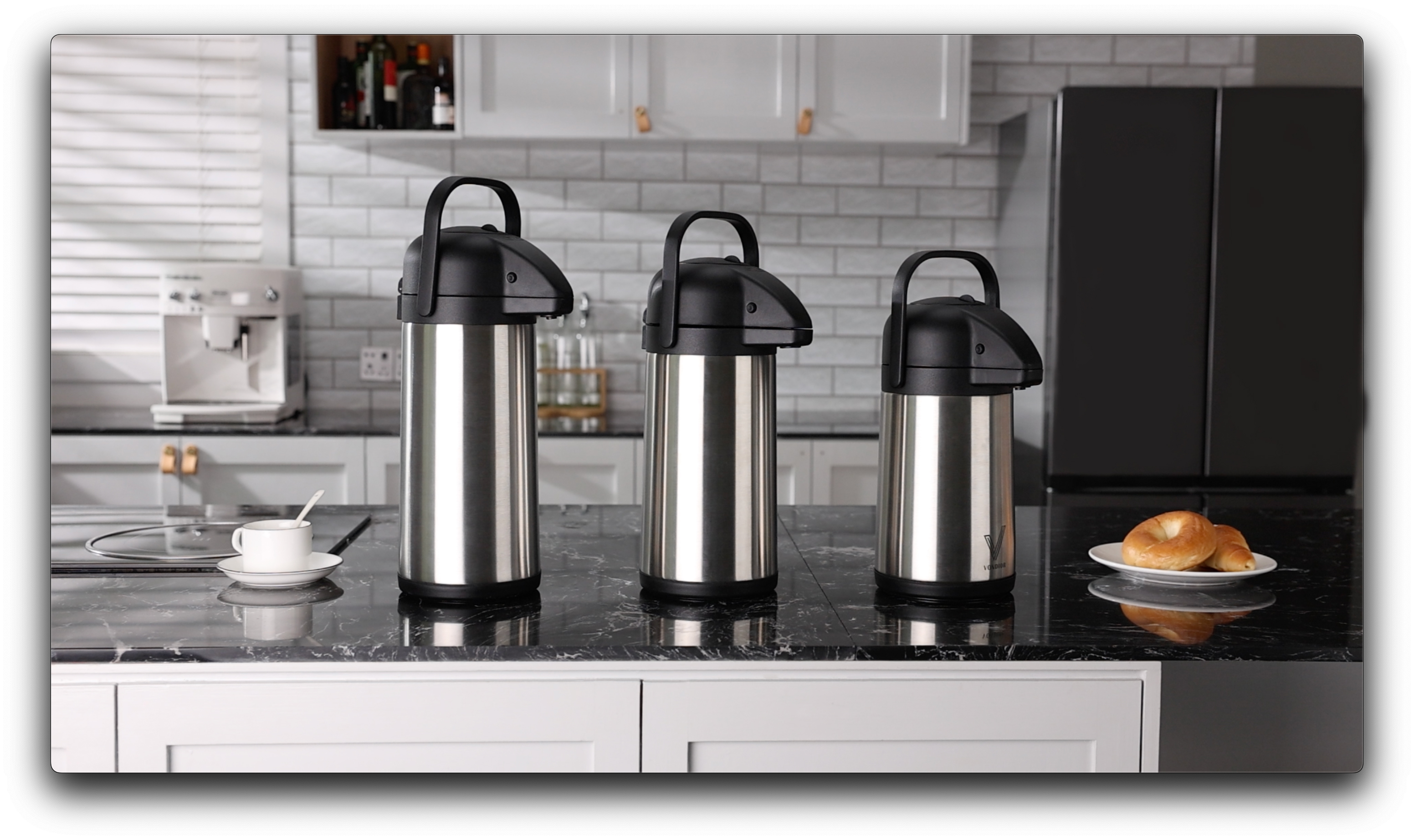 thumbnail video image 2 of Vondior Thermal Airpot Coffee & Tea Beverage Urn, Silver, Large, 102 oz, 2 of 15