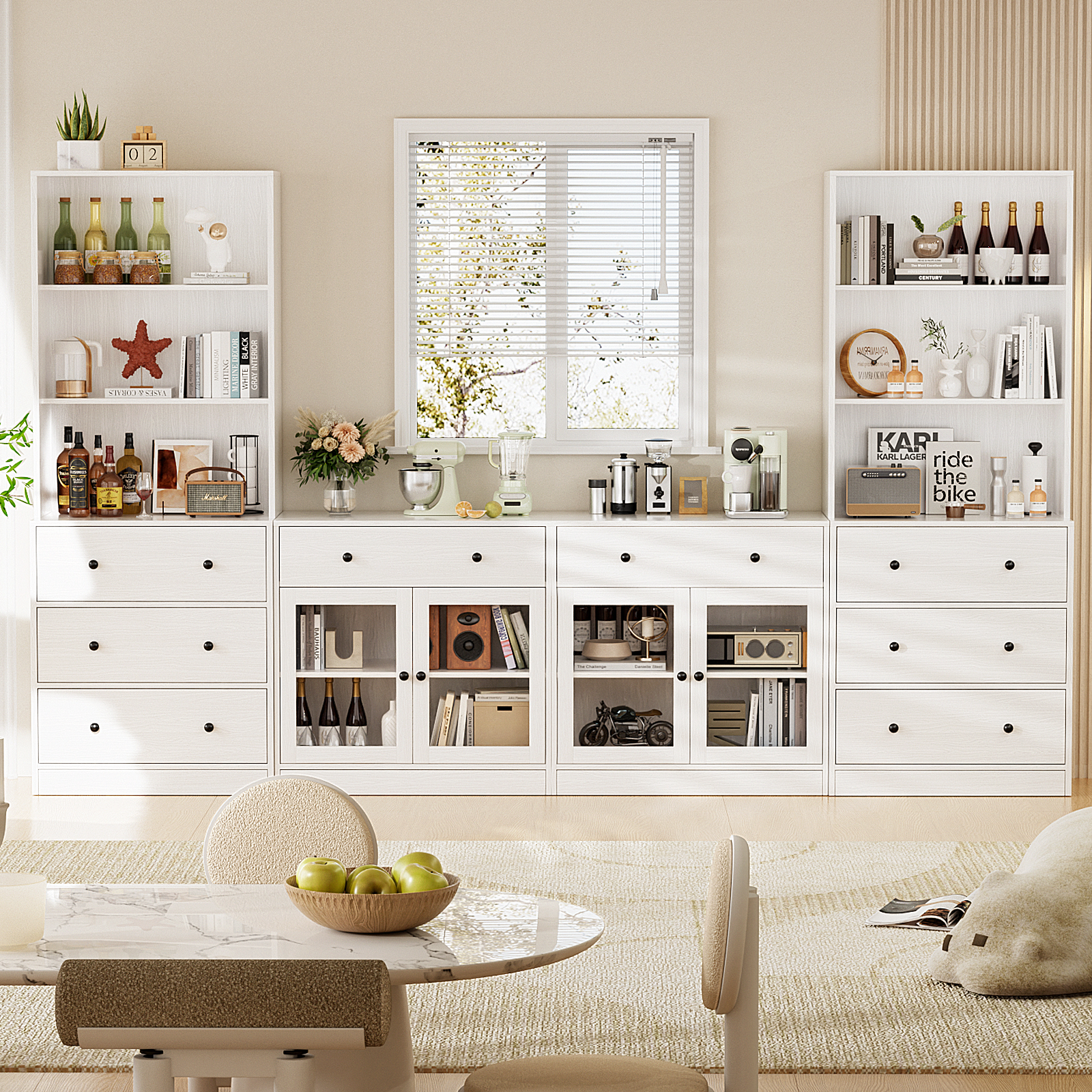 thumbnail video image 2 of RichYa 4Pcs Kitchen Pantry Storage Cabinet,Modular Furniture Cabinets with Display Glass Doors,Hutch Buffet Cabinet with Drawers for Dining Room,Black, 2 of 9