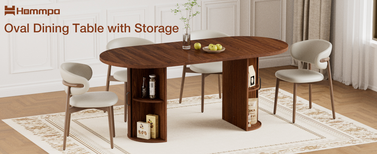 thumbnail video image 2 of Hommpa 71" Dining Table for 6,Modern Oval Kitchen Table With Storage Cabinet,Long Dining Room Tables With Wood Strip Base for Kitchen Dining Room Living Room,Walnut, 2 of 14