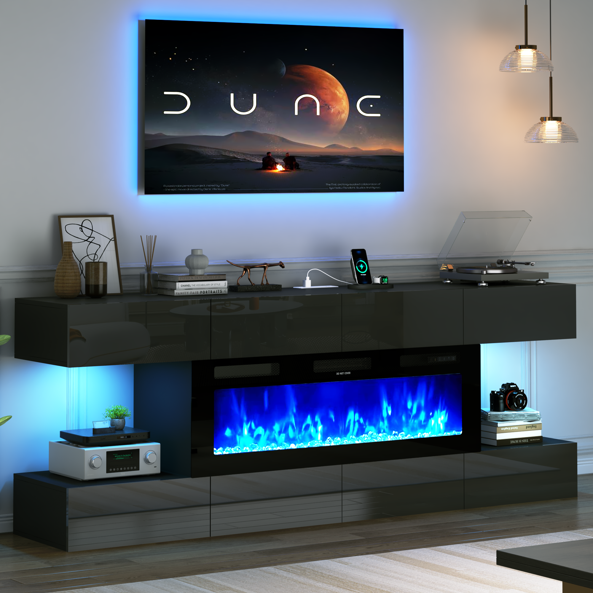 thumbnail video image 2 of Blotout 82'' Fireplace TV Stand for 85/90''TV with 50'' Fireplace, LED Modern High Gloss Entertainment Center with Power Outlet, TV Console Table with 8 Handleless Storage Drawers, Black, 2 of 9