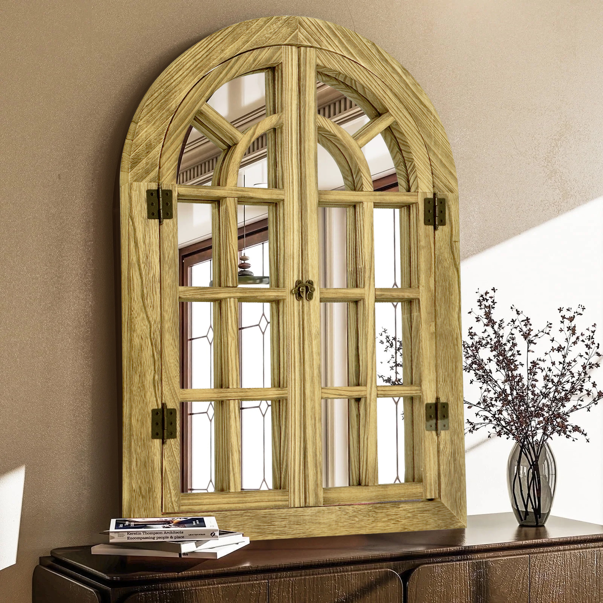 thumbnail video image 2 of TEWLOSS Arched Wall Mirrors 30"x20" Window Mirror Farmhouse Decor Wood Frame for Bedroom, Brown White, 2 of 10