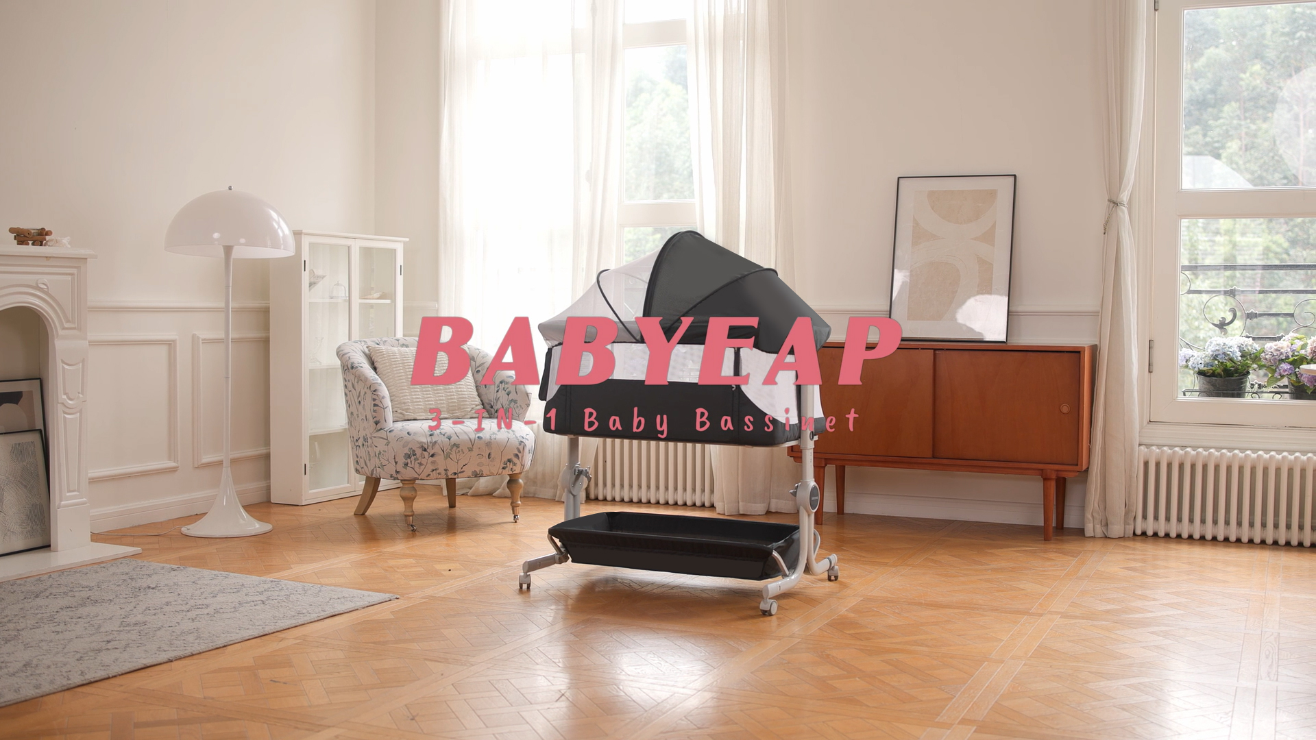 thumbnail video image 2 of Babyeap 3 in 1 Baby Bassinet,Baby Basinet Bedside Sleeper,Standalone Baby Crib,6 Height Adjustable Portable Crib for Newborn,Dark Gray, 2 of 8