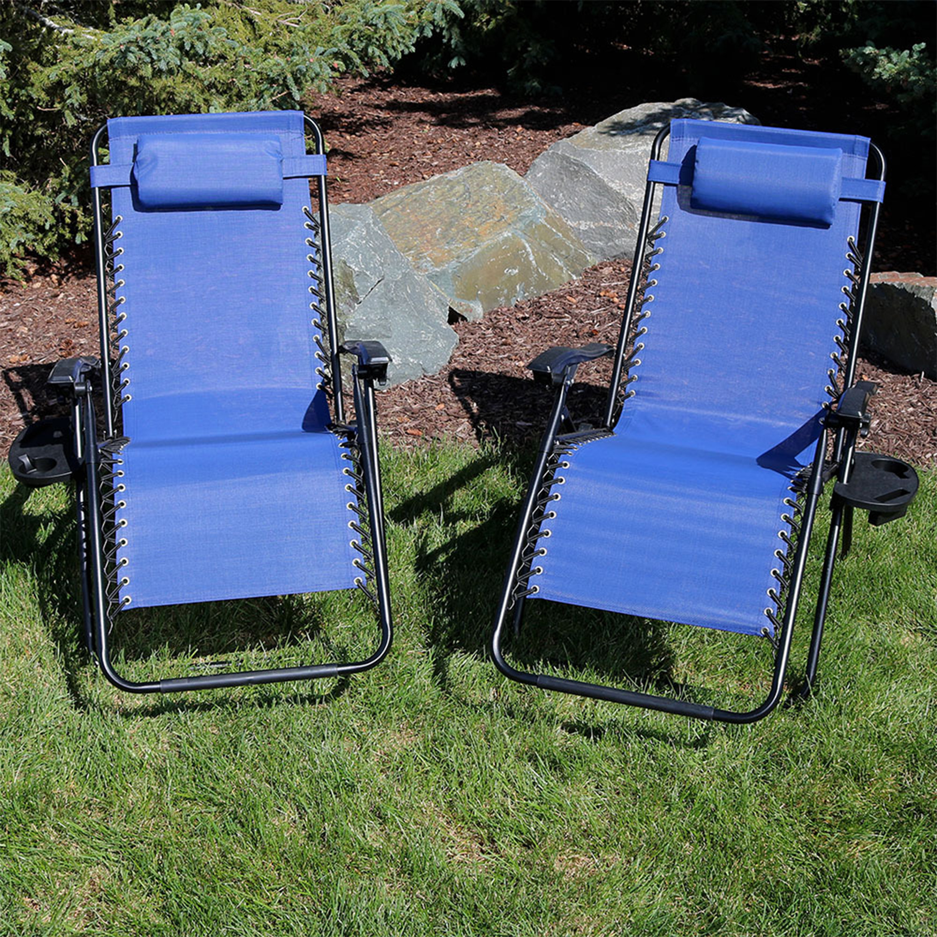 thumbnail video image 2 of Sunnydaze XL Folding Zero-Gravity Chair with Pillow and Cup Holder - Set of 2 Navy Blue, 2 of 7