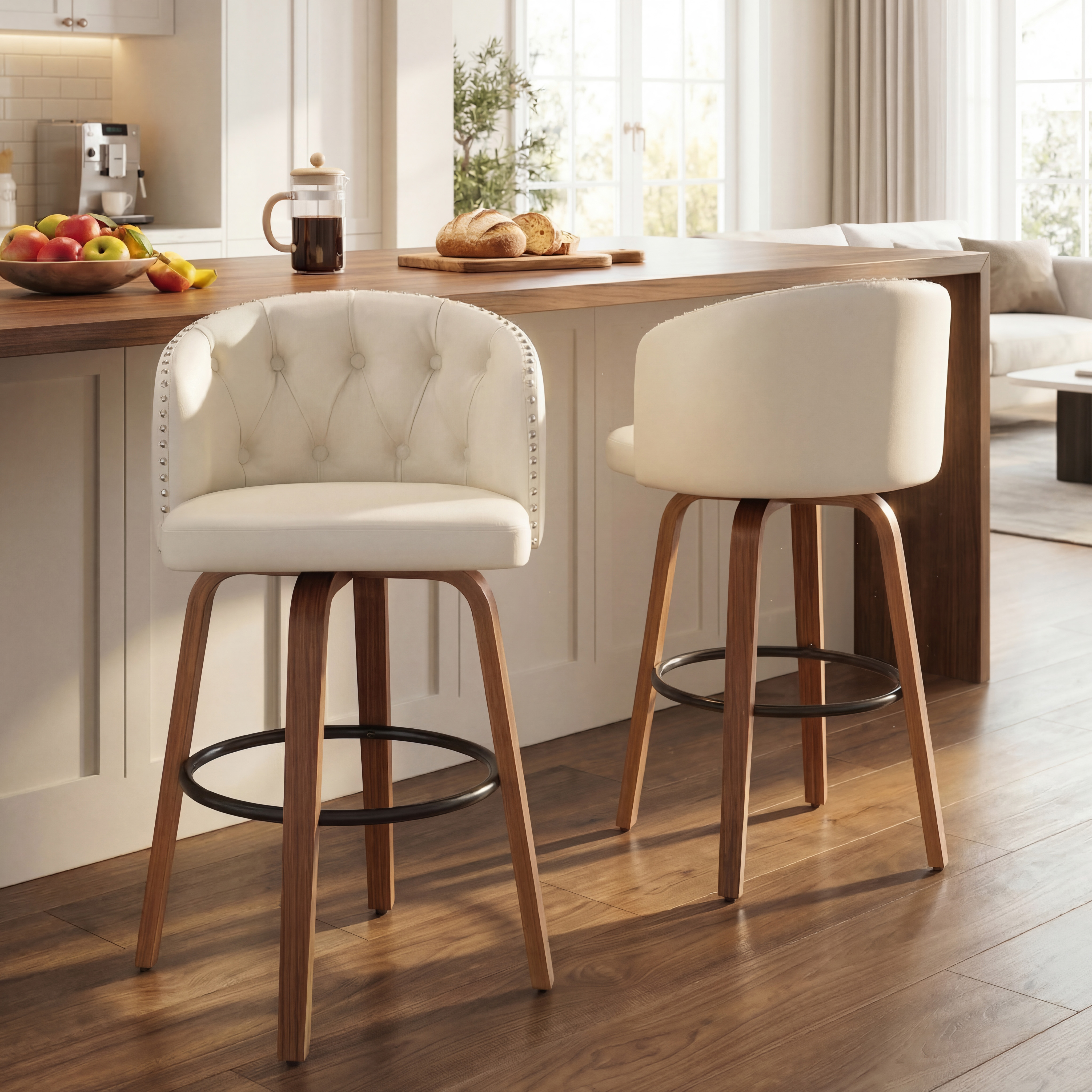 thumbnail video image 2 of Fahomiss 28" Swivel Bar Stools with Back Set of 4, Leather Farmhouse Bar Height Stools, Brown, 2 of 10