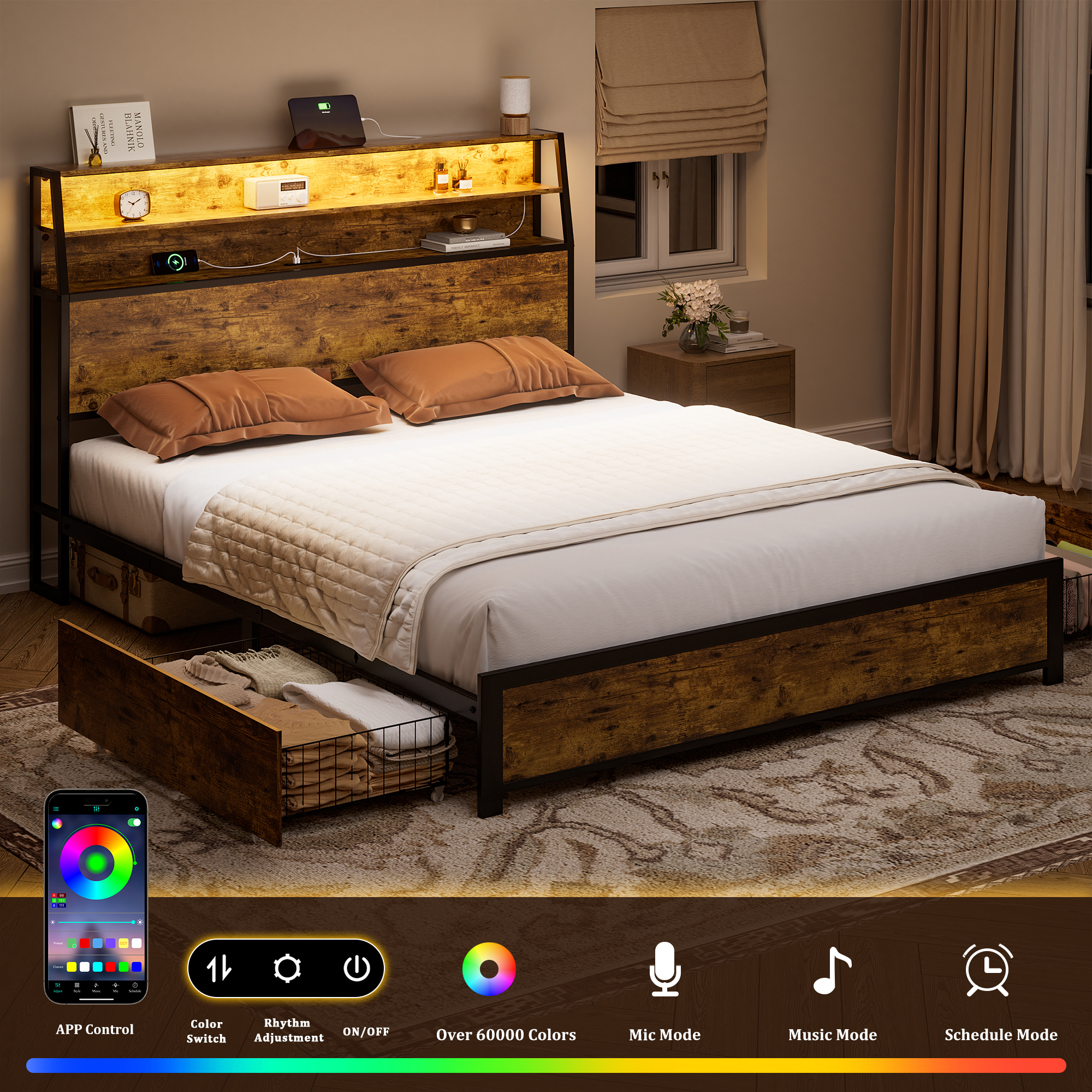 thumbnail video image 2 of GUNAITO Queen Bed Frame with Storage Headboard, 2 Drawers Platform LED Bed Frame with USB Ports & Outlets Rustic Brown, 2 of 10