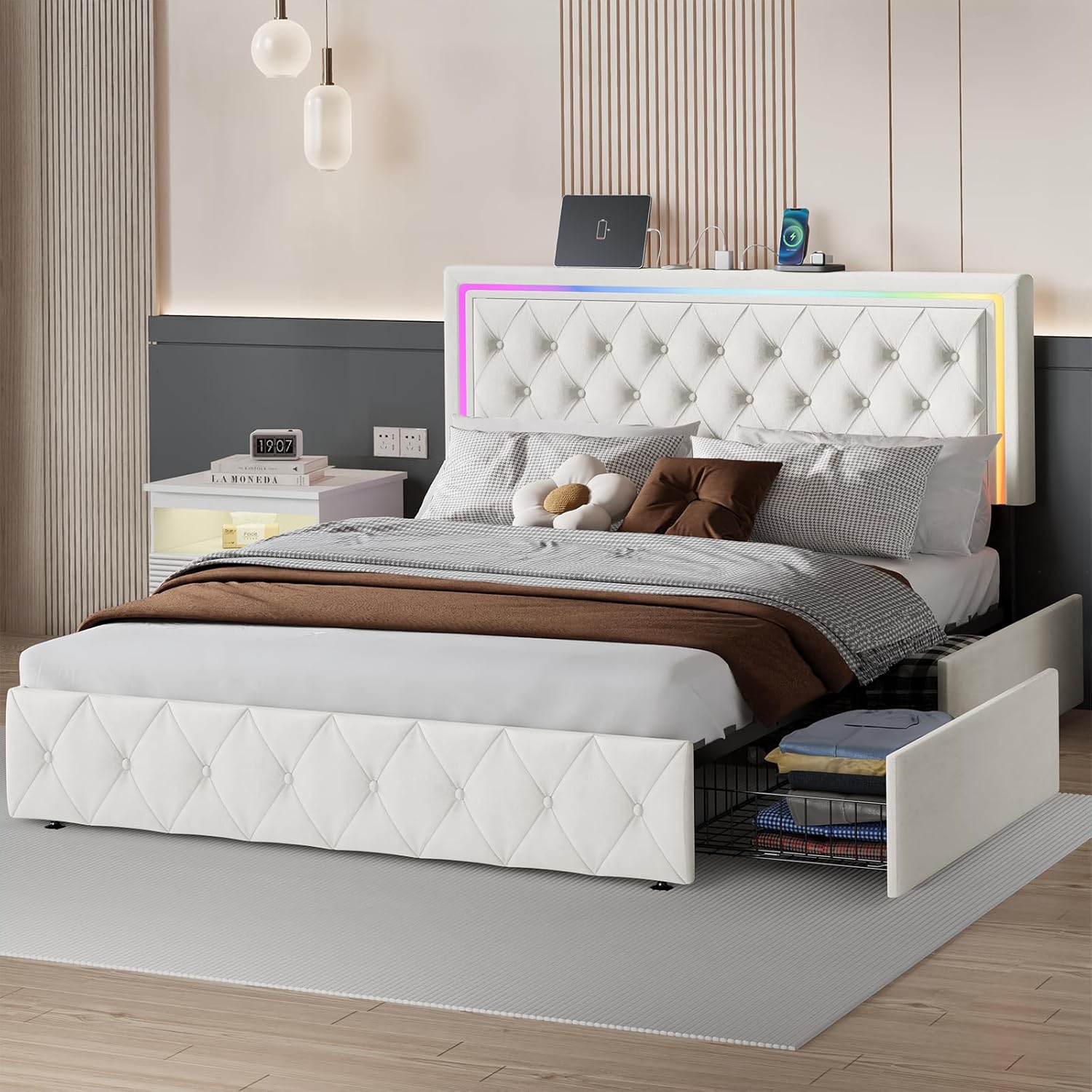thumbnail video image 2 of Twin Bed Frame with LED Headboard and 4 Storage Drawers, Upholstered Platform Bed with Charging Station, Velvet Twin Size Bed Frame, No Box Spring Needed, White, 2 of 9