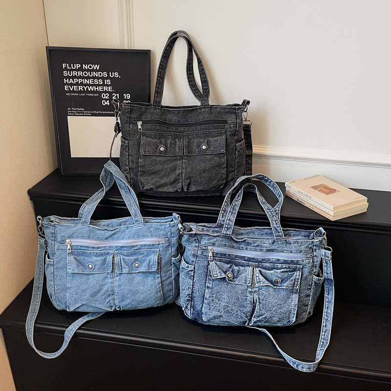 thumbnail video image 2 of Sunyuer Vintage Washed Denim Tote Bag for Women, Multi Pocket Large Capacity Casual Shoulder Handbag, Detachable Adjustable Strap Crossbody Bag, Fashion Daily Commute Shopper Bag, 2 of 8