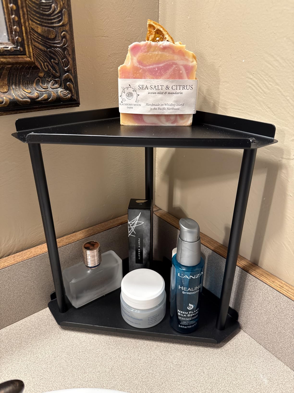 thumbnail video image 2 of 2-Tier Metal Corner Countertop Organizer, Sturdy Bathroom & Vanity Shelf with Guardrails, Space-Saving Storage for Kitchen, Bathroom Essentials, 2 of 7