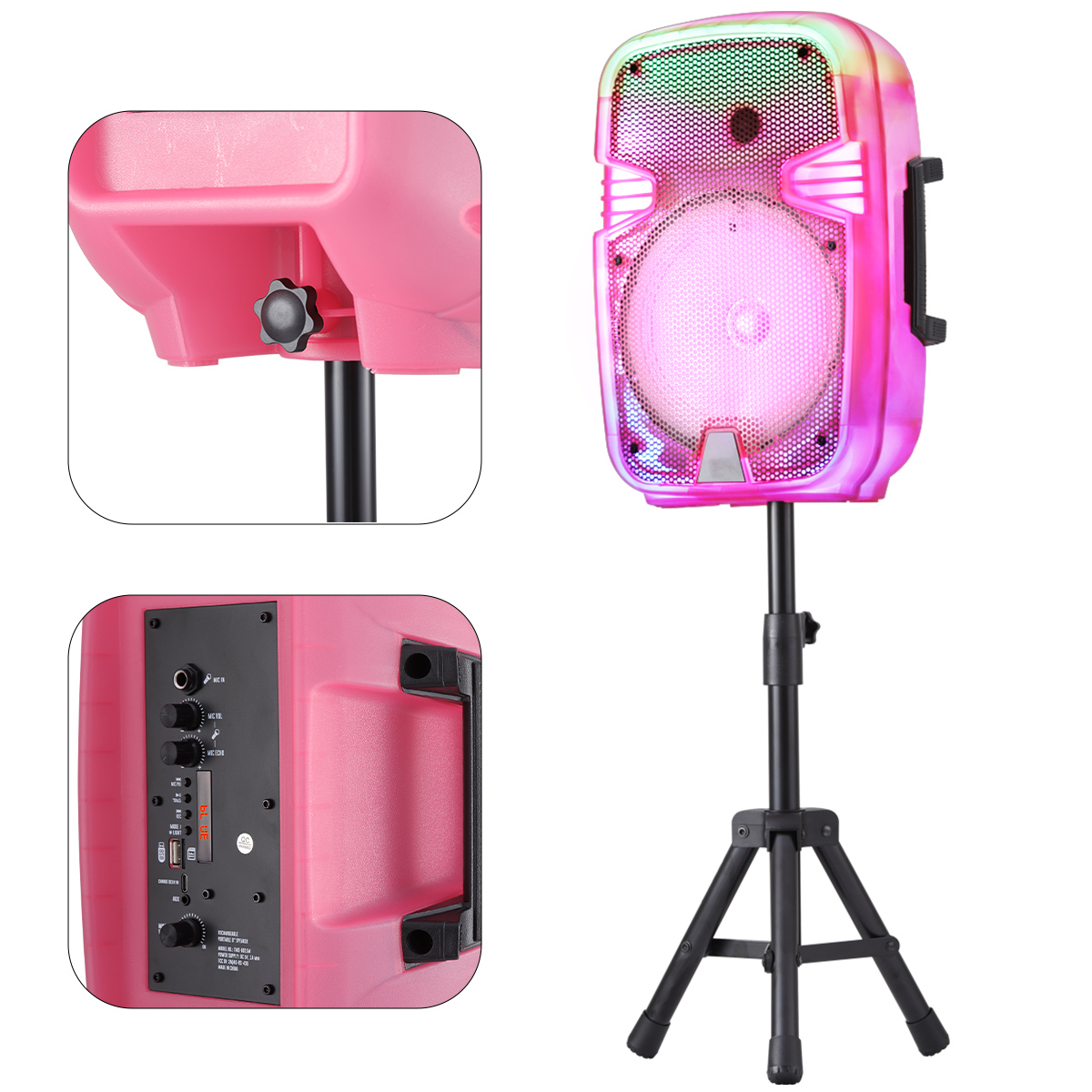 thumbnail video image 2 of Portable Bluetooth Speaker 8" Woofer w/ Tripod Stand Microphone Remote Control White LED Clear Shell, 2 of 10