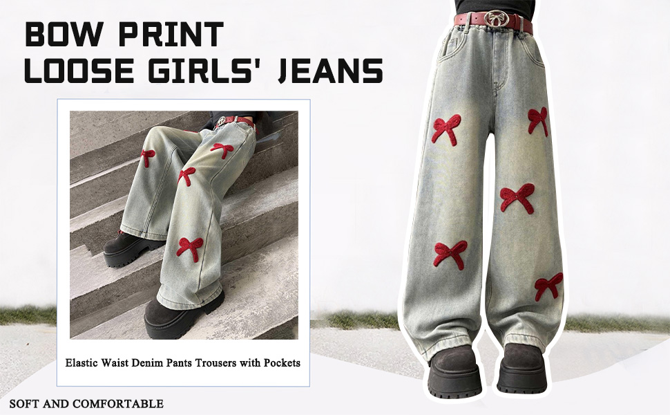 thumbnail video image 2 of KVPLBQFD Girls Baggy Jeans Teen Girls Fashion Star Patch Stitching Decorated Wide Leg Denim Pants Tween Y2k Vintage Cute Trousers Kids Back to School Clothes, 2 of 9