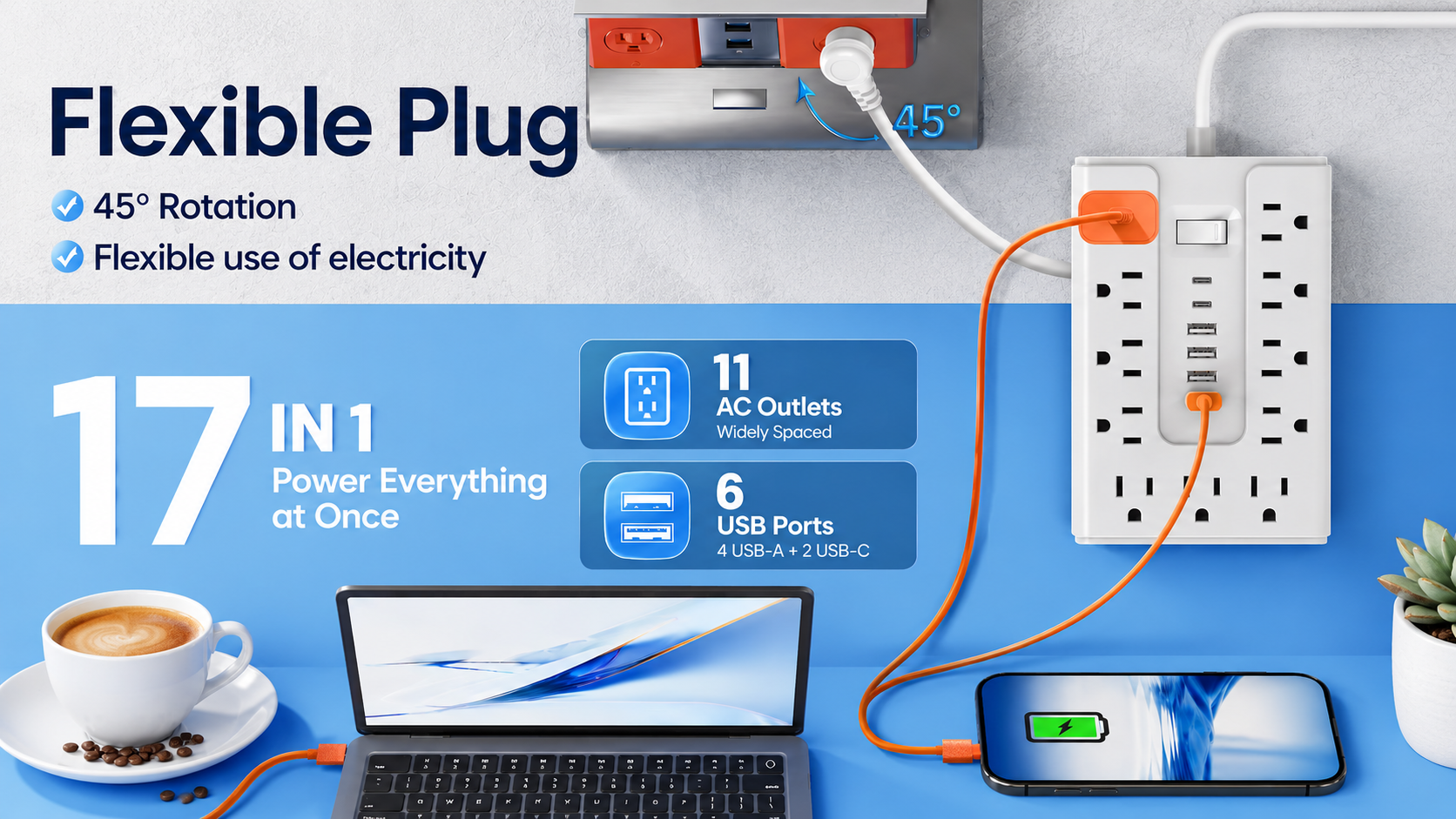 thumbnail video image 2 of BOHASHIN 10FT Flat Plug Power Strip Surge Protector, 11 AC Outlets with 4 USB & 2 USB-C Ports, 1250W/10A Extension Cord, Overload Protection, Wall Mount for Home Office Dorm(White)), 2 of 9