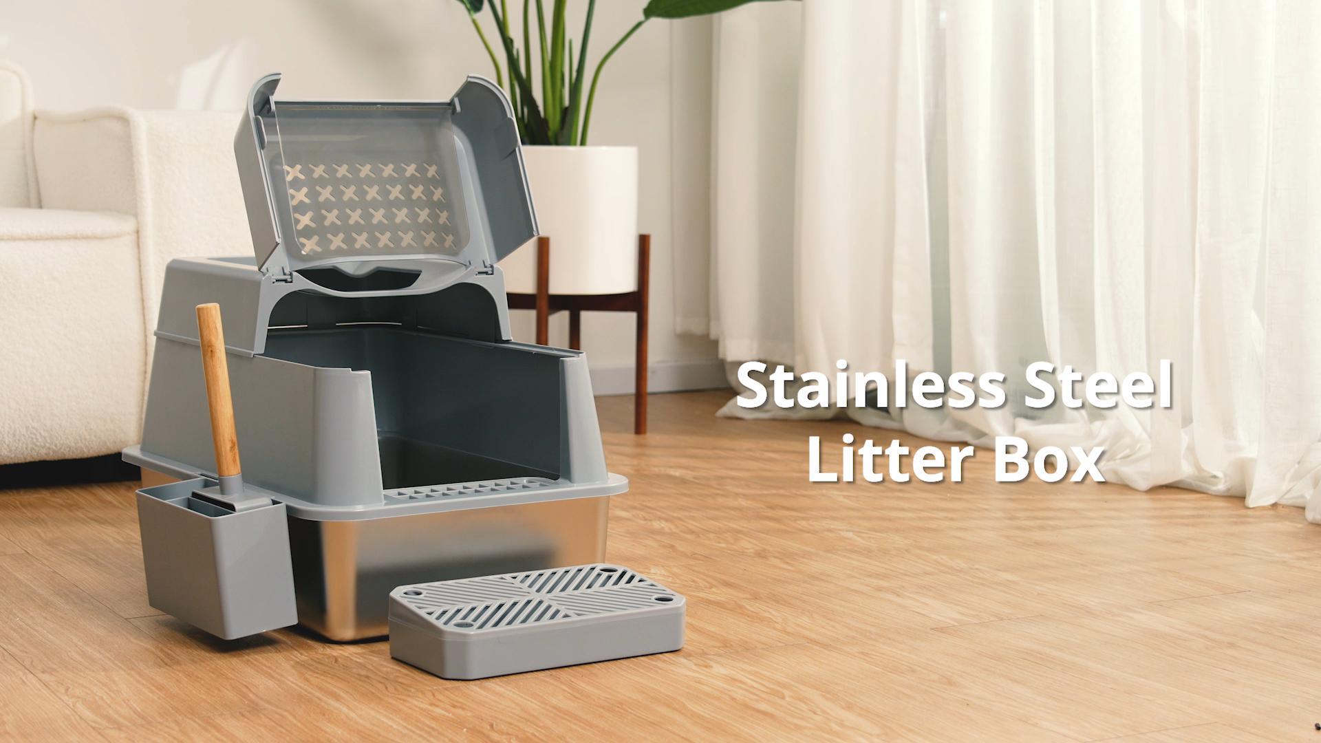 thumbnail video image 2 of Aphyxen Stainless Steel Enclosed Cat Litter Box, Extra Large Top Entry with 110° Flip Cover & Pedal, Anti-Leakage, Grey, 2 of 9