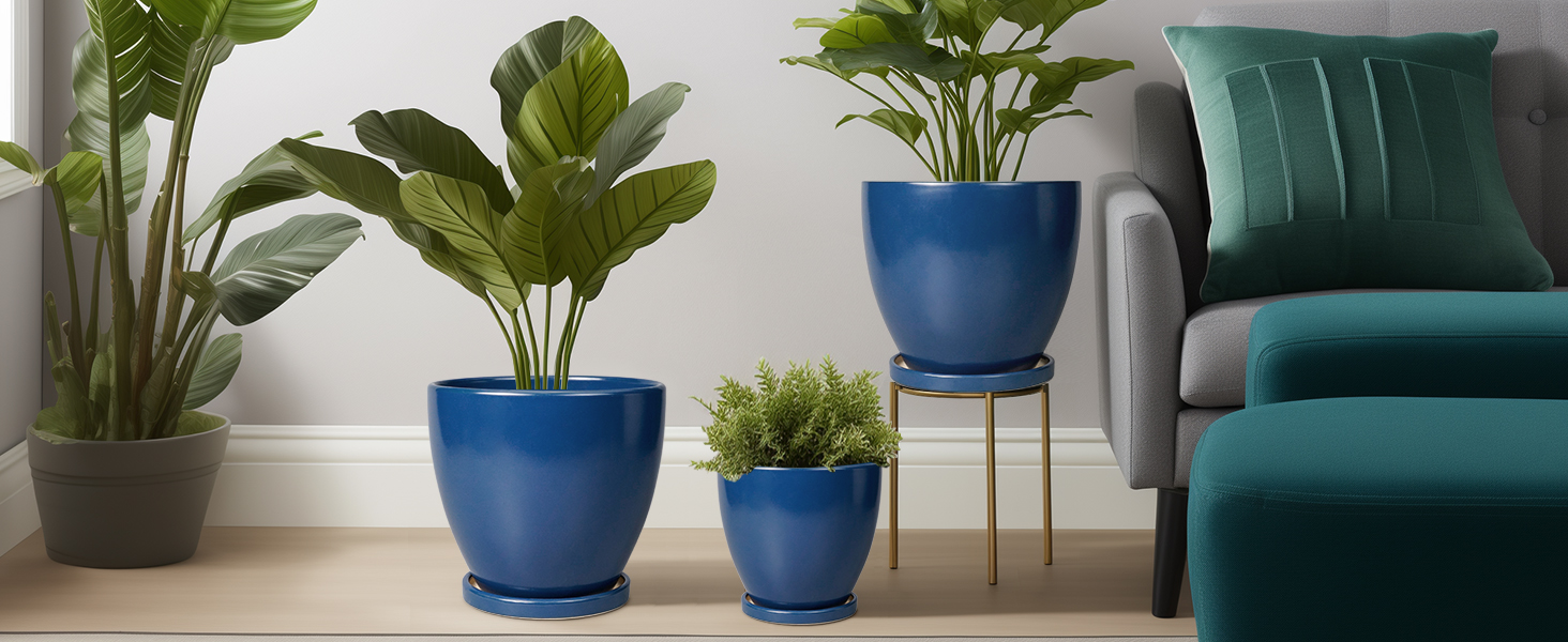 thumbnail video image 2 of 8 inch Blue Ceramic Planter Pot with Saucer | Modern Indoor Outdoor Flower Pot for All Houseplants, Herbs & Patio Decor, 2 of 6