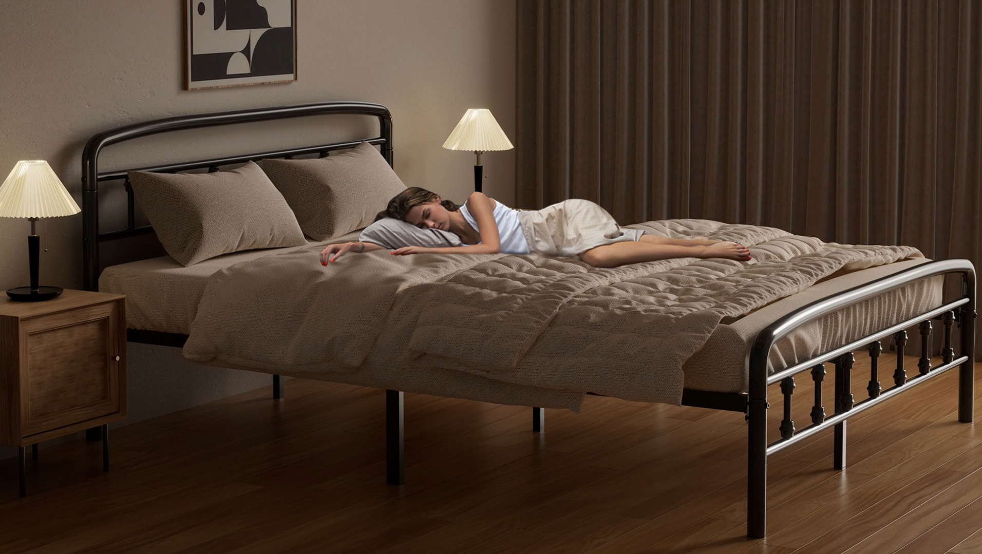 thumbnail video image 2 of Metal Full Size Bed Frame with Headboard,Victorian Style Headboard and Footboard, No Squeak, Heavy Duty 1500lbs Support, Easy 30-Min Tool-Free Assembly, No Box Spring Needed/Underbed Storage, 2 of 9