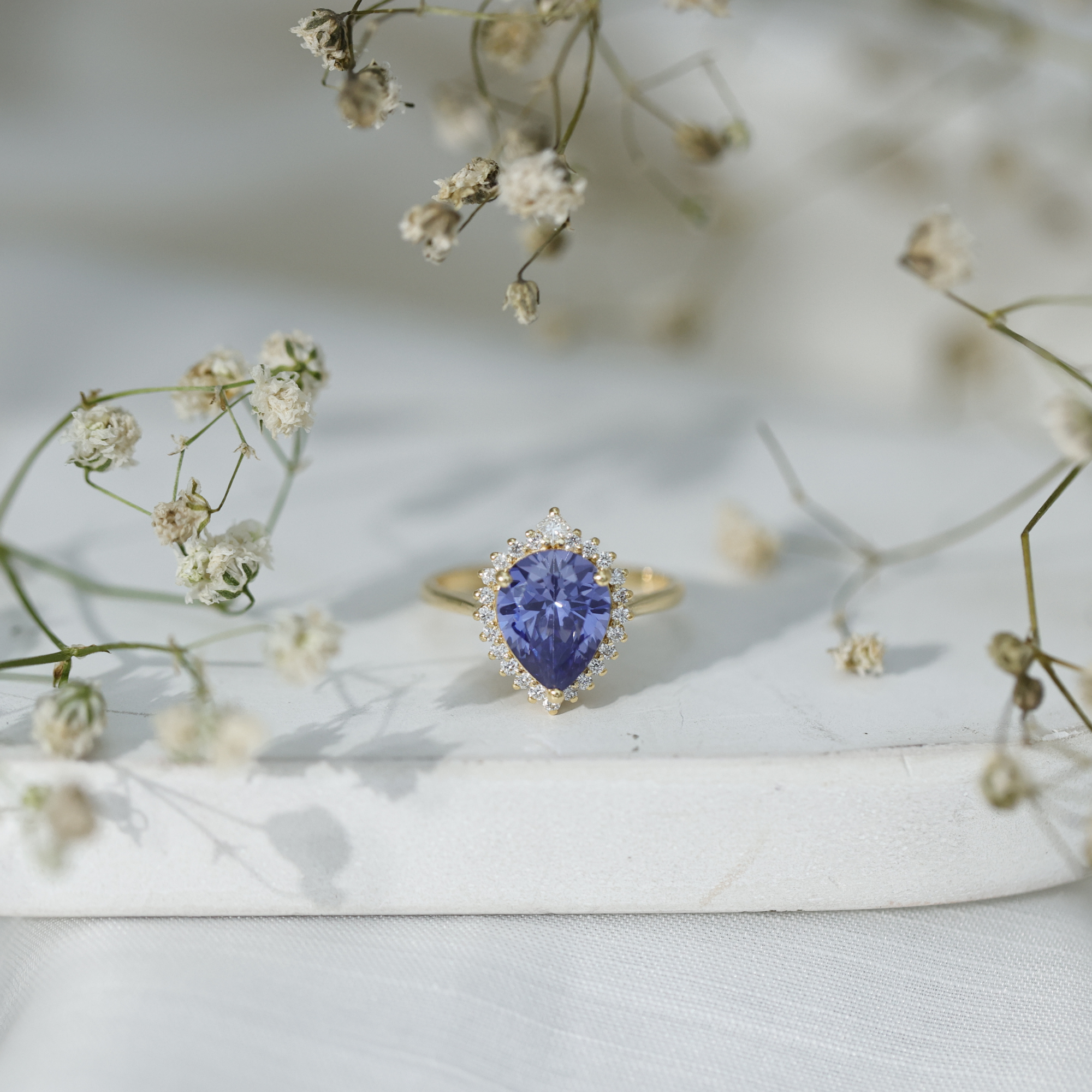 thumbnail video image 2 of Rosec Jewels Lab Grown Blue Sapphire Teardrop Engagement Ring with Diamond Halo - Statement Ring - AAAA Grade - with Jewelry Box, 10K White Gold, US 6.00, 2 of 9