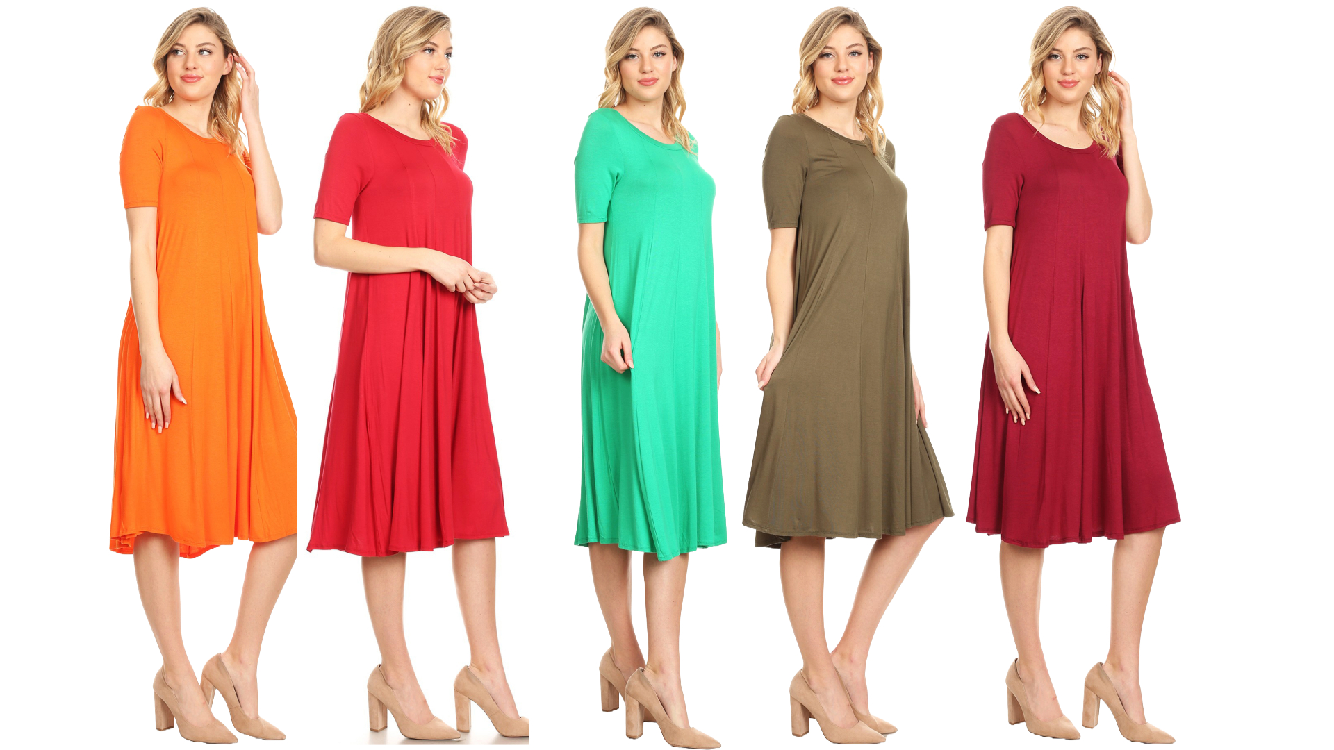 thumbnail video image 2 of MOA COLLECTION Women's Solid Casual Comfy Short Sleeve Jersey Knit A-Line Midi Dress, 2 of 6