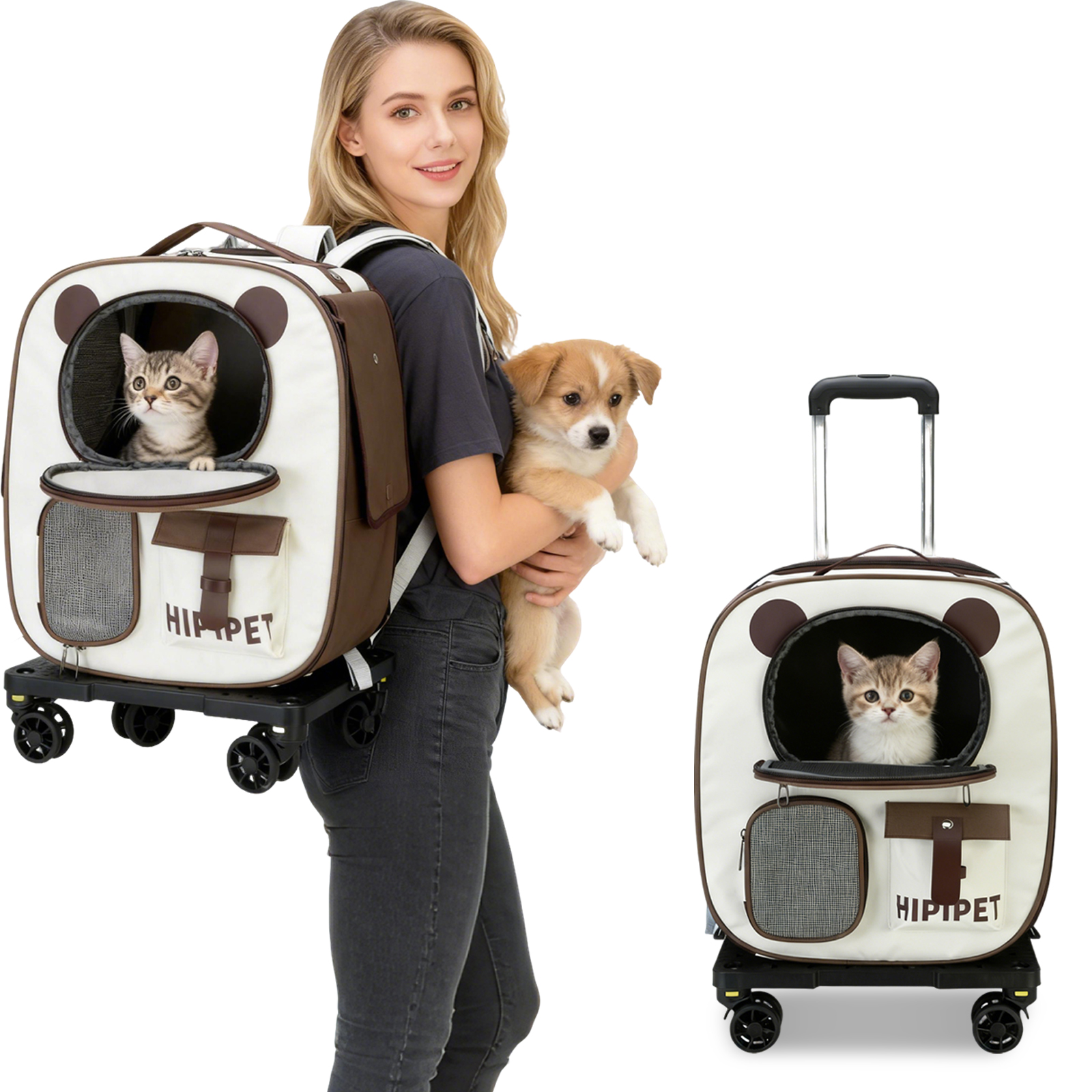 thumbnail video image 2 of ManyFun Pet Backpack with Wheels, Comfort Cat Backpack Removable Rolling Wheels, Pet Rolling Carrier, Dog Backpack Great for Travel/Hiking/Outdoor Use(Brown), 2 of 13