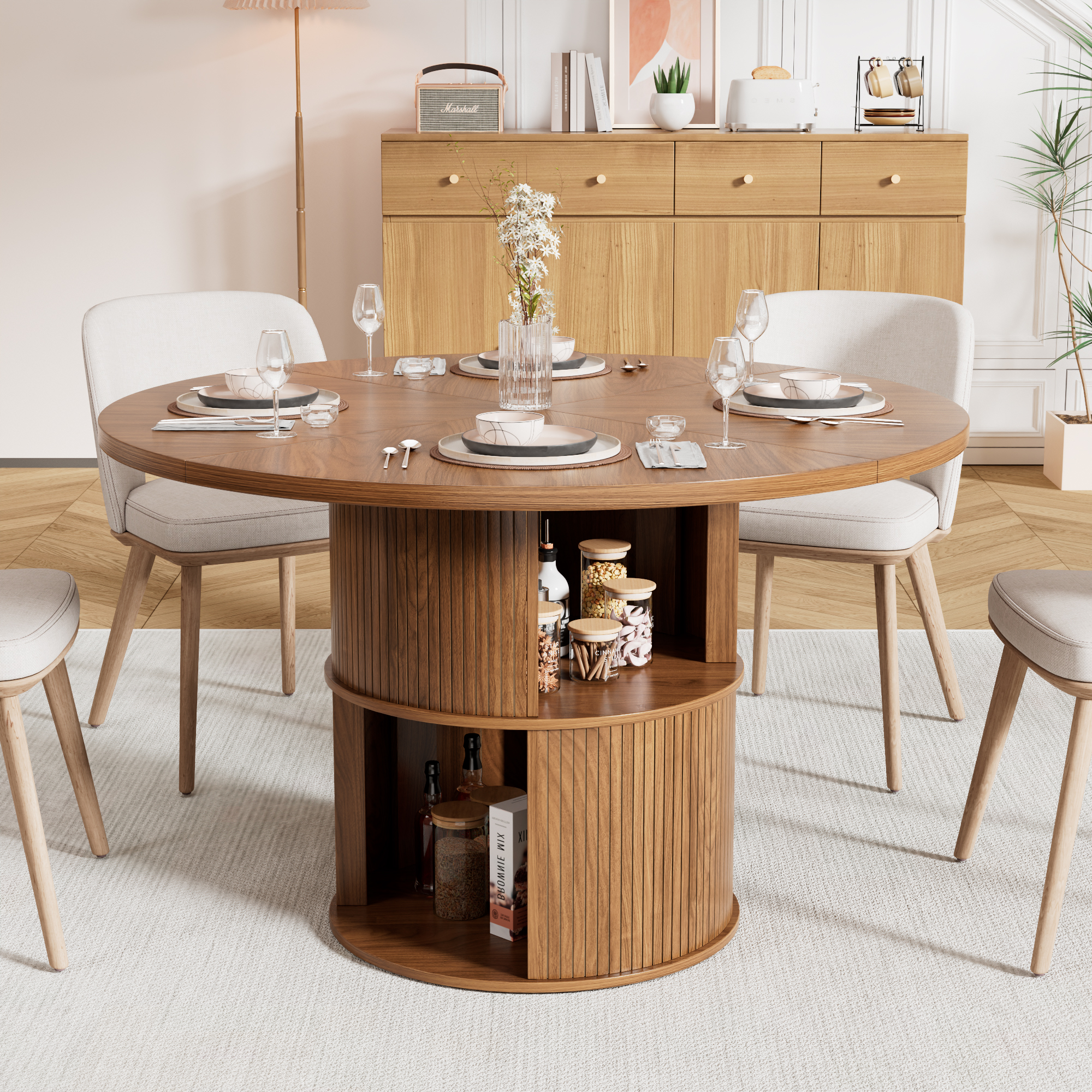 thumbnail video image 2 of Round Dining Table for 4-6 People, 47 Inches Kitchen Dining Table with 2-Layer Storage Shelf for Dining Room, Kitchen, Living Room, Black(Table Only), 2 of 8