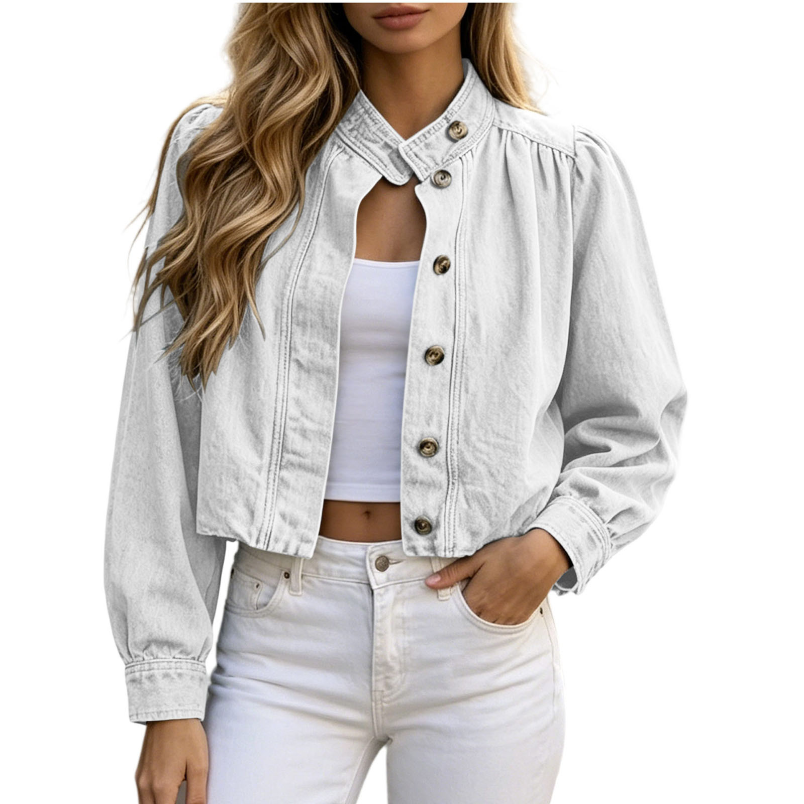 thumbnail video image 2 of Uaswgudfs Women's Winter Cropped Denim Jacket Long Sleeve Button Up Casual Jean Jacket with Puff Sleeves Vintage Fashion Top for Daily Streetwear, 2 of 7