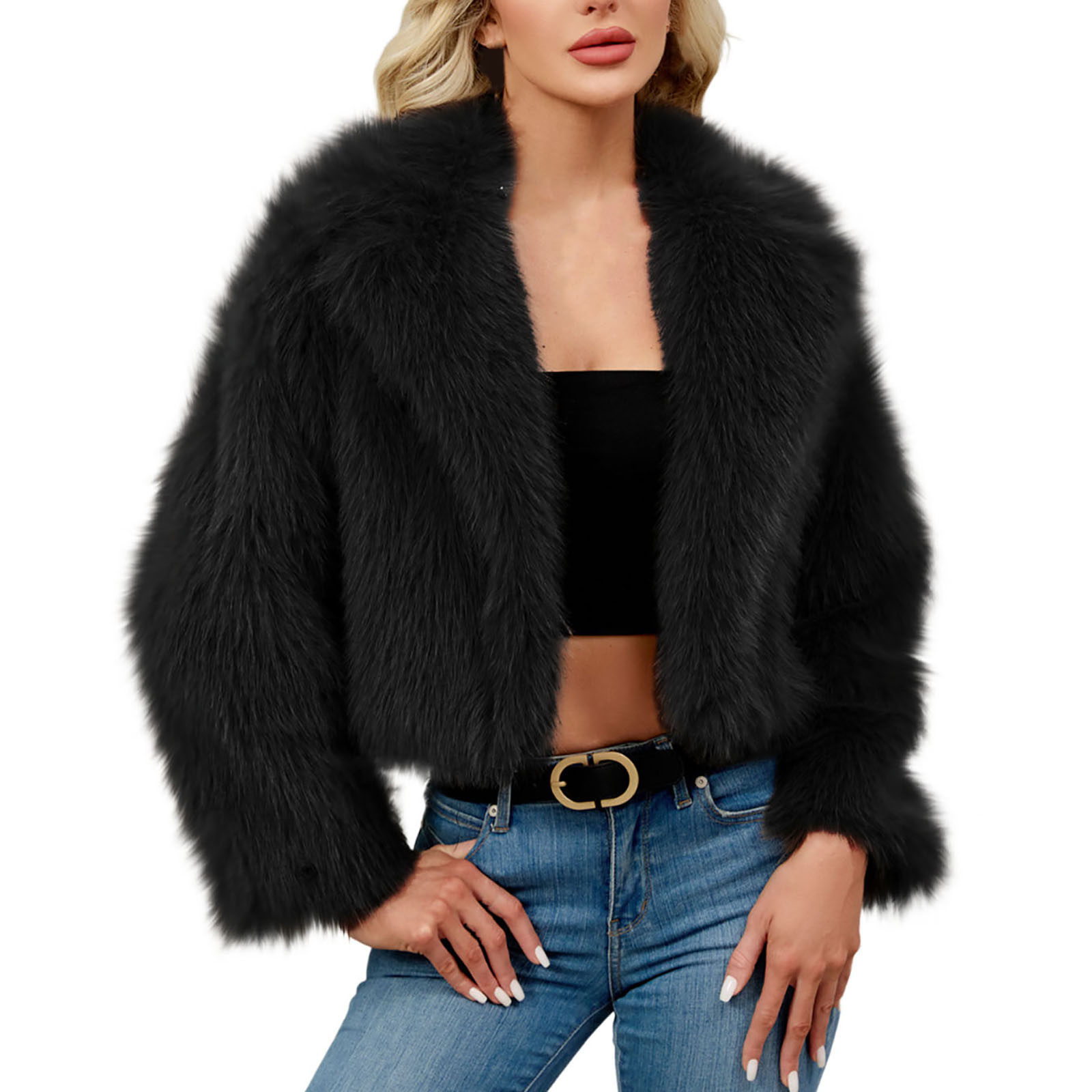 thumbnail video image 2 of Uaswgudfs ​Women's Faux Fur Plush Fleece Jacket Plush Fluffy Open Front Cropped Coat: Oversized Relaxed Silhouette, Fleece Lining​, 2 of 10