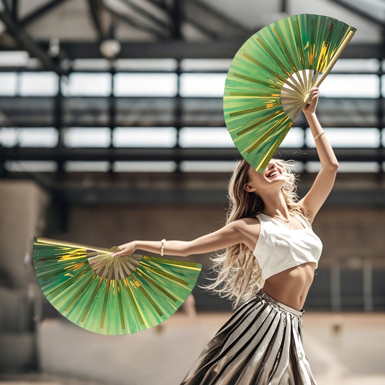 thumbnail video image 2 of Boots On the Ground Hand Fan 13 Inch Hand Fans for Women Foldable Colorful Reflective Fans for Line Dancing Chinese Japanese Tai Chi Edm Music Festival Event Party Dance Performance Decoration, 2 of 6